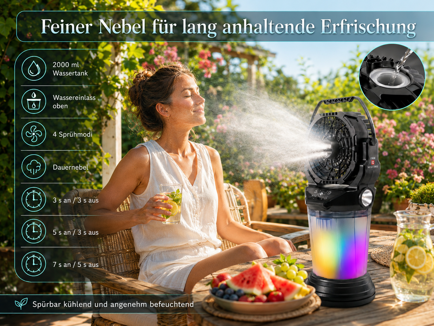 Frau im Garten genießt kühlenden Nebel von einem Ventilator mit bunten Lichtern.