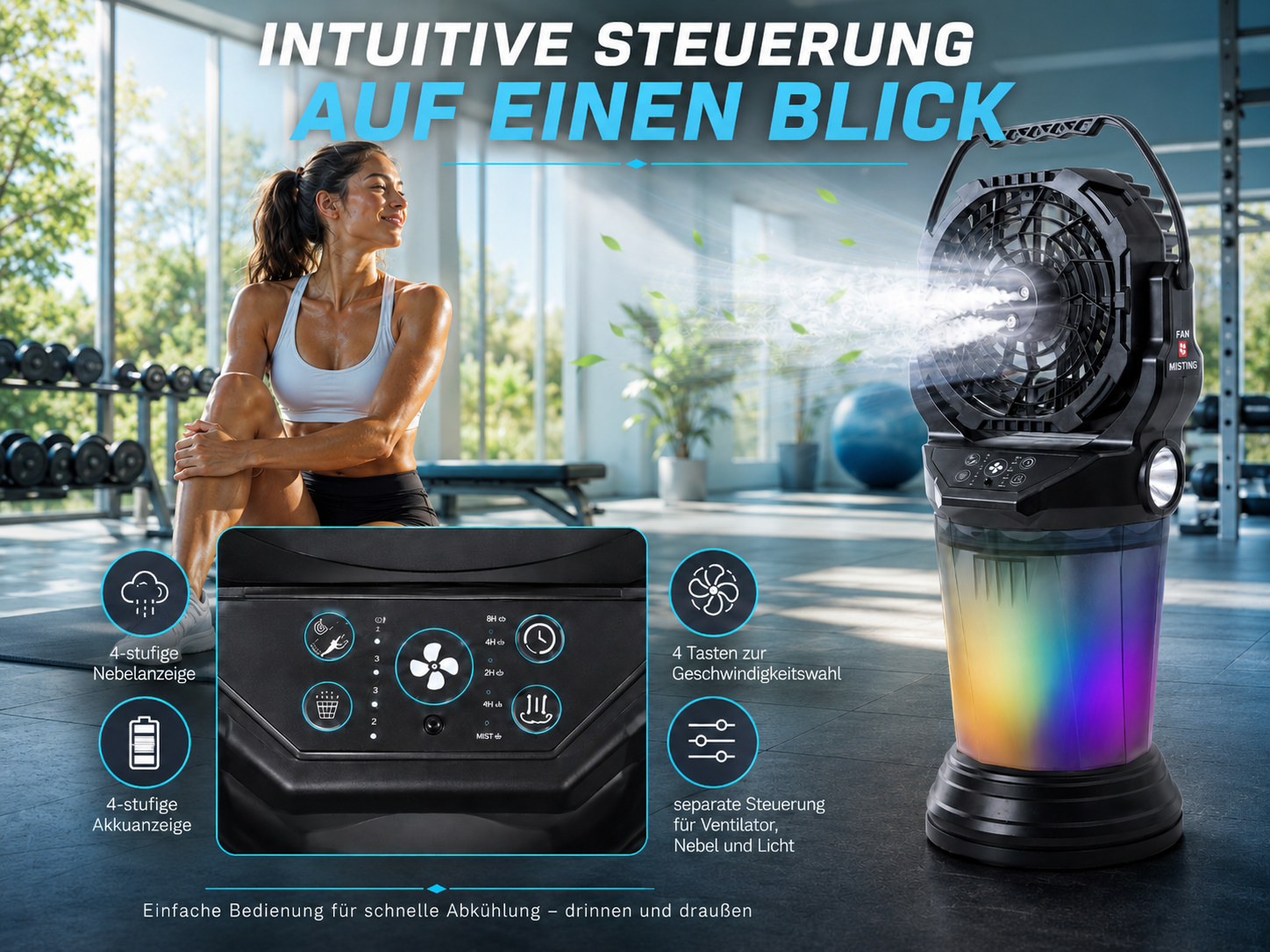 Frau im Fitnessstudio neben einem Ventilator mit Nebel und Lichteffekten.