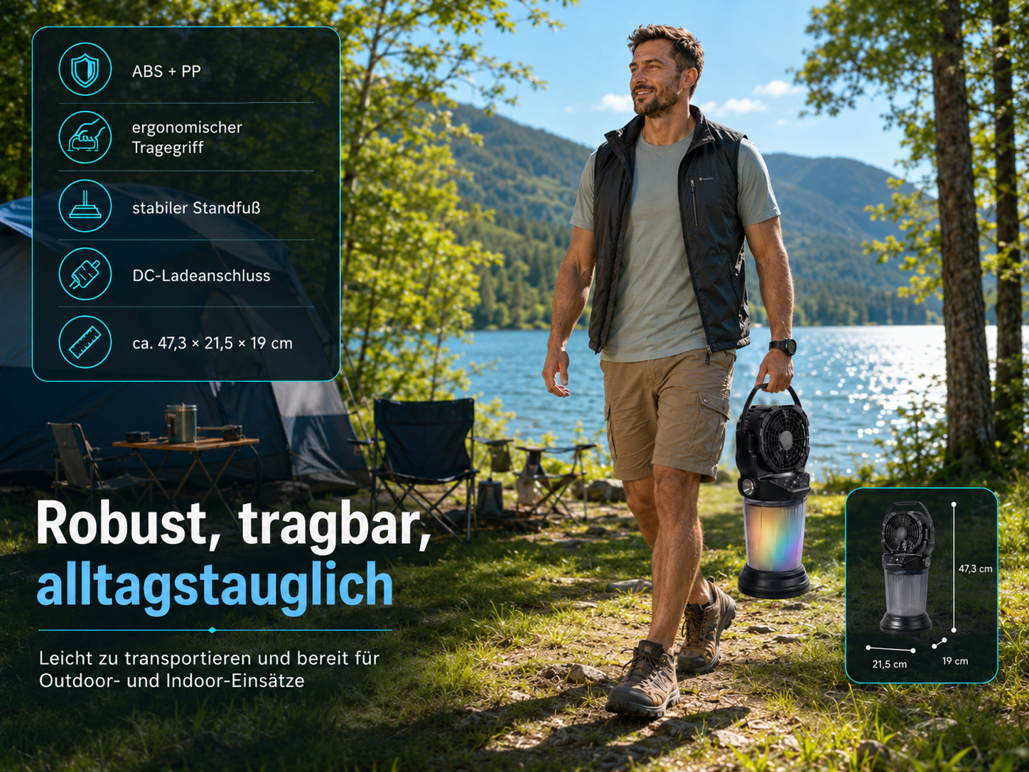 Mann mit Campinglaterne am Seeufer, mit Produktmerkmalen und Maßen.