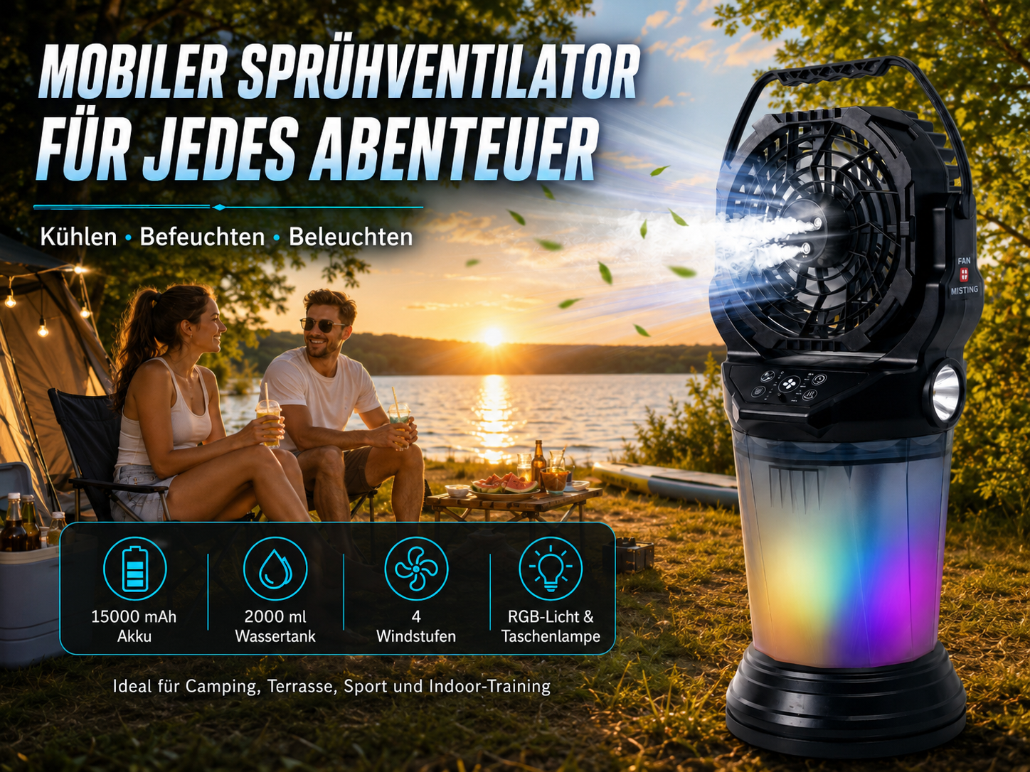Ein Paar sitzt am See bei Sonnenuntergang neben einem Sprühventilator mit bunten Lichtern.