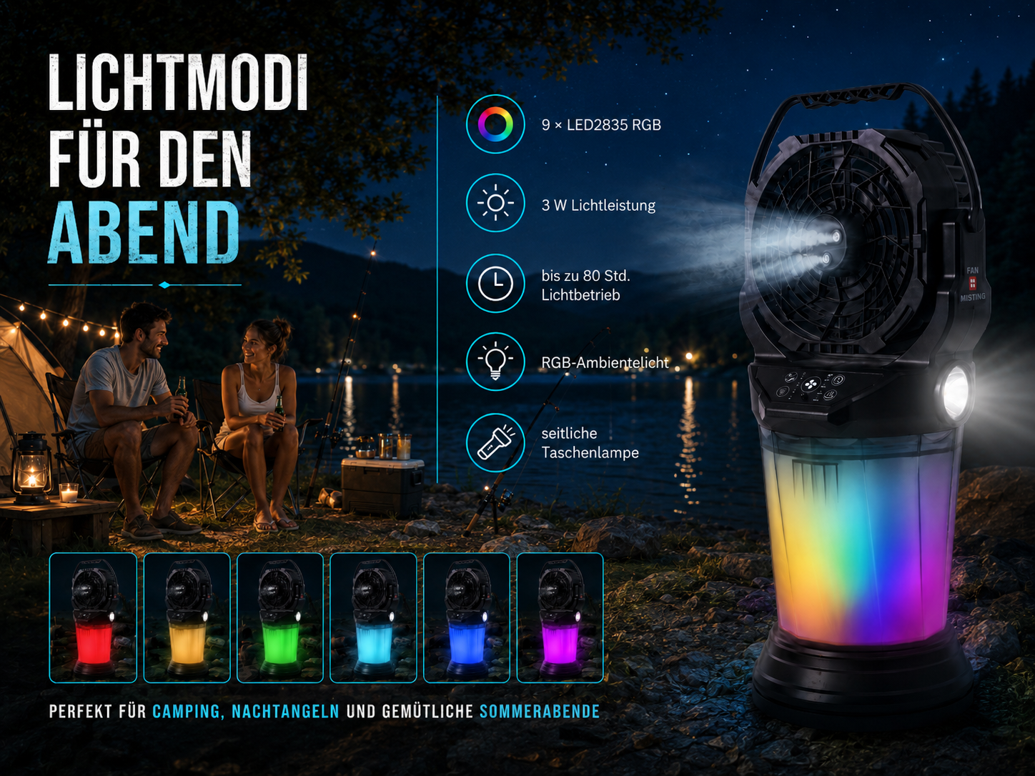 Ein Camping-Fan mit RGB-Licht und Taschenlampe am See bei Nacht.