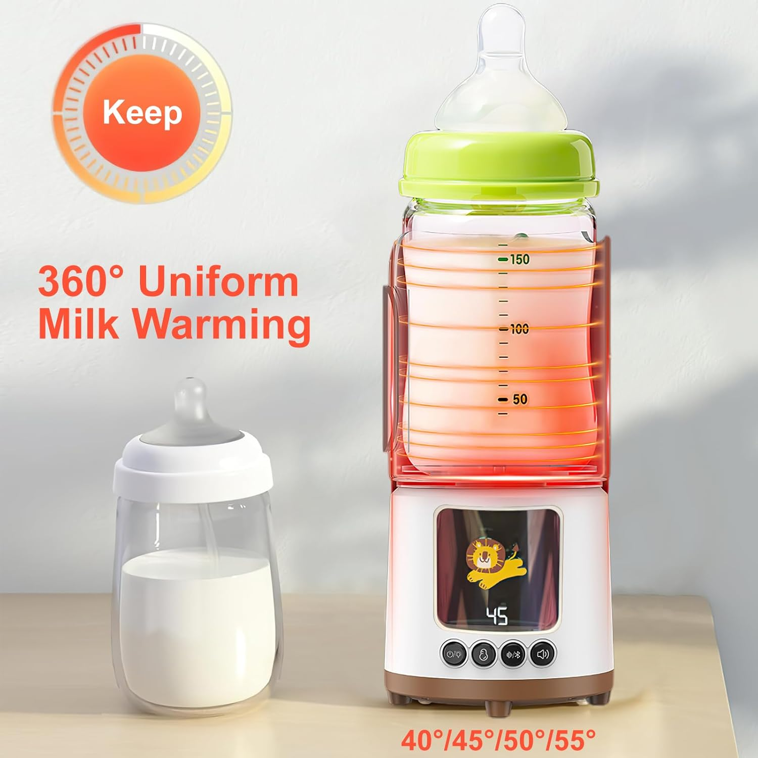 Ein Flaschenwärmer mit einer Milchflasche und Text: Keep, 360° Uniform Milk Warming.