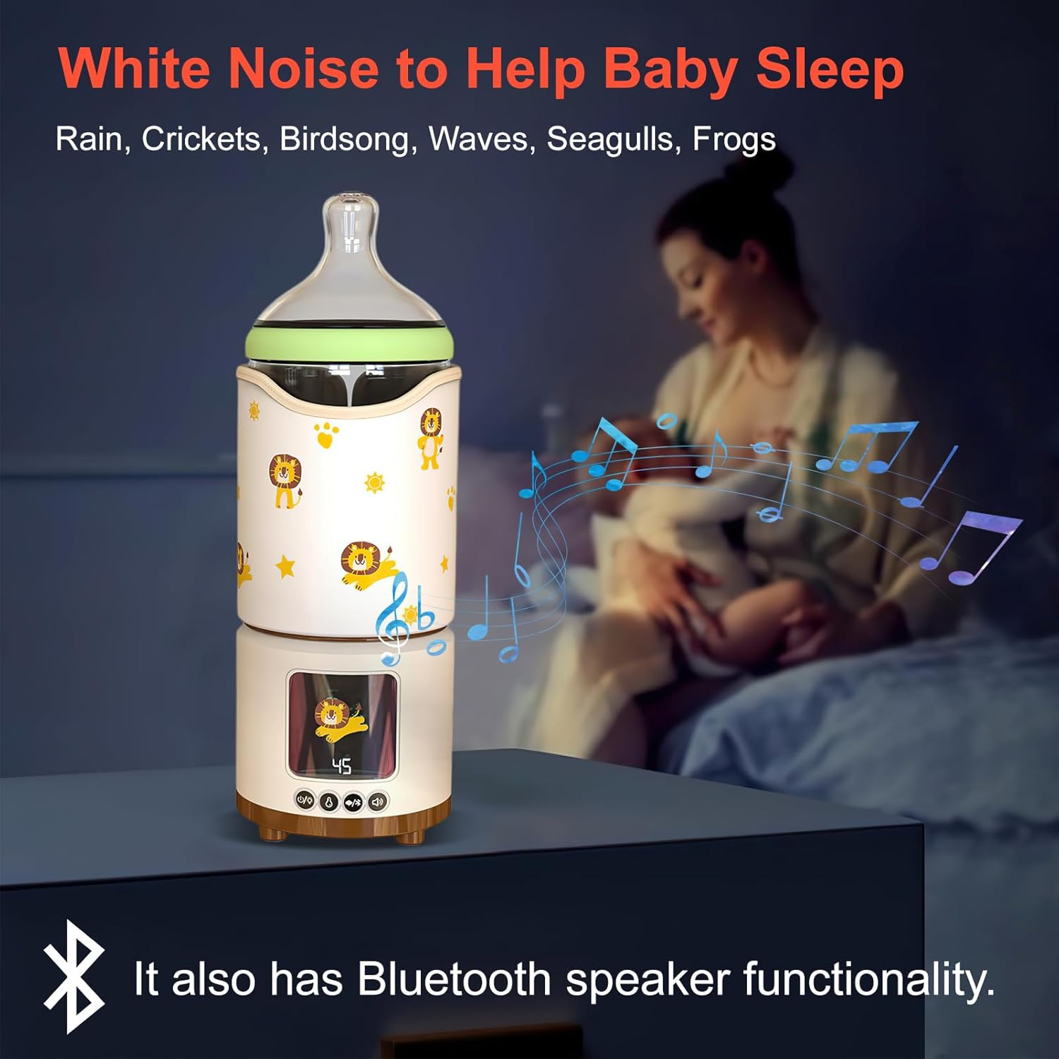 Babyflasche mit Geräuschfunktion und Musiknoten; Hintergrund: Mutter mit Baby.