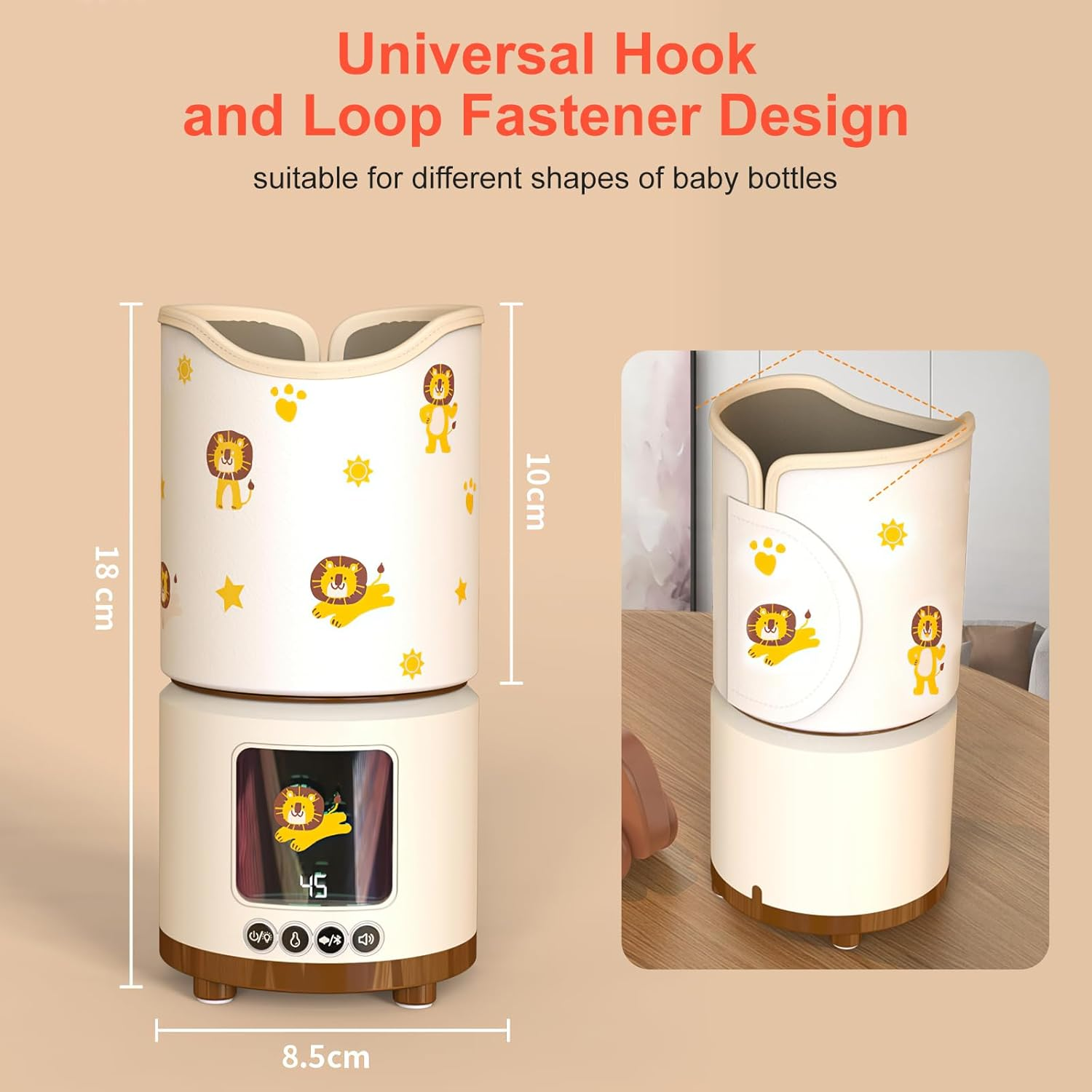 Ein Babyflaschen-Sterilisator mit Löwenmotiv und digitalen Anzeigen.