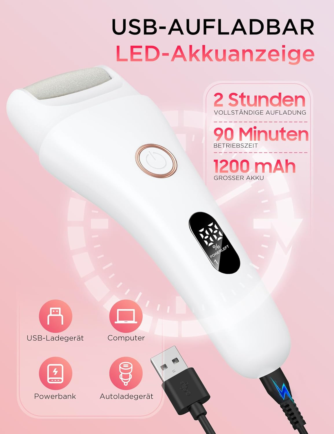 Ein weißer elektrischer Hornhautentferner mit USB-Ladeanzeige und Ladeinformationen.