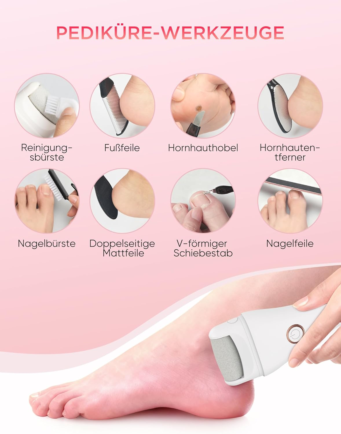 Pediküre-Werkzeuge: Reinigung, Feilen, Hornhautentferner, Nagelbürste, Schiebestab.