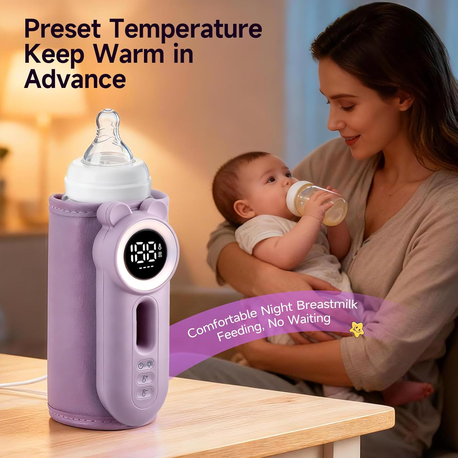 Ein lila Flaschenwärmer mit digitaler Anzeige steht neben einer Mutter, die ihr Baby füttert.