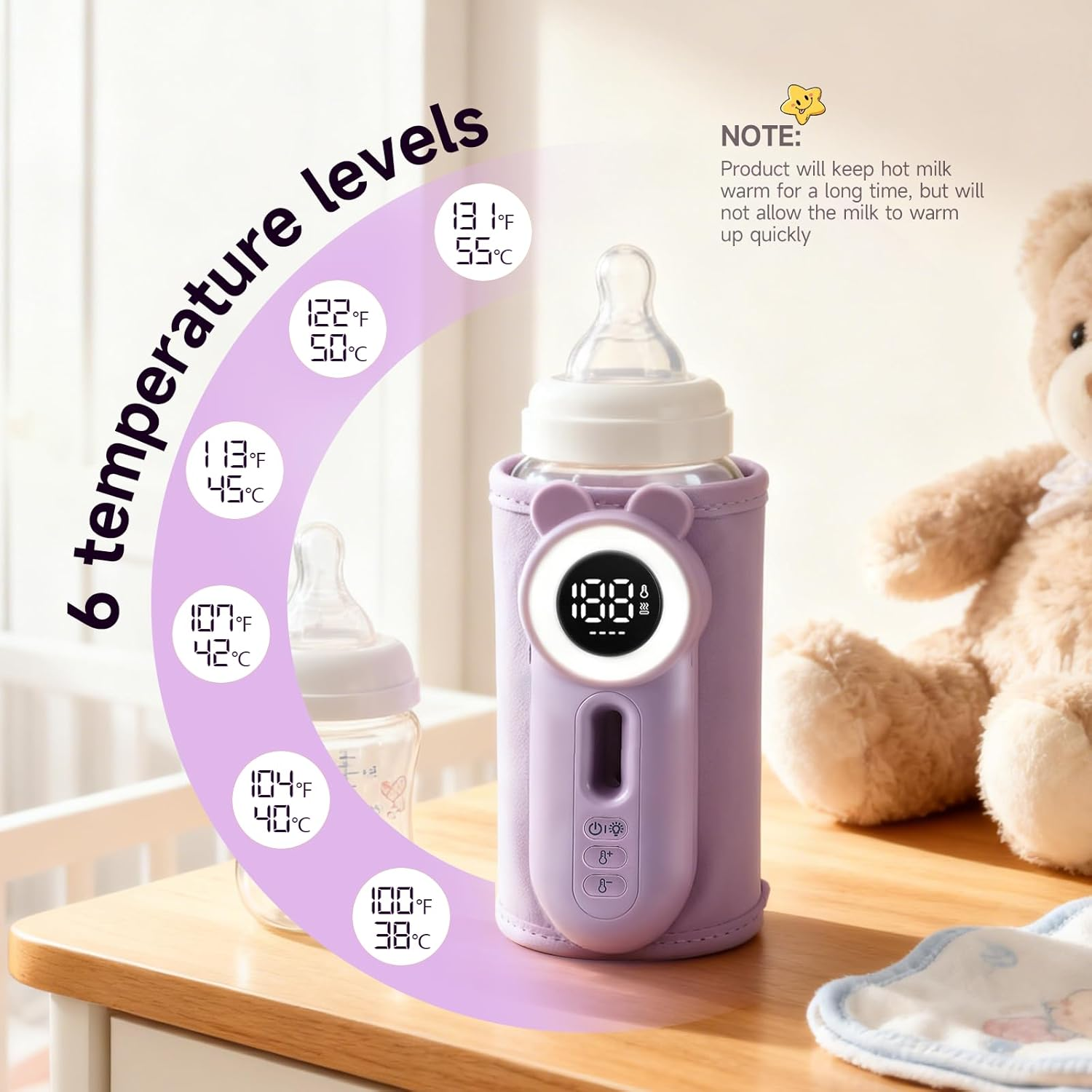 Lila Flaschenwärmer zeigt 6 Temperaturstufen. Ein Teddybär und Lätzchen sind in der Nähe.