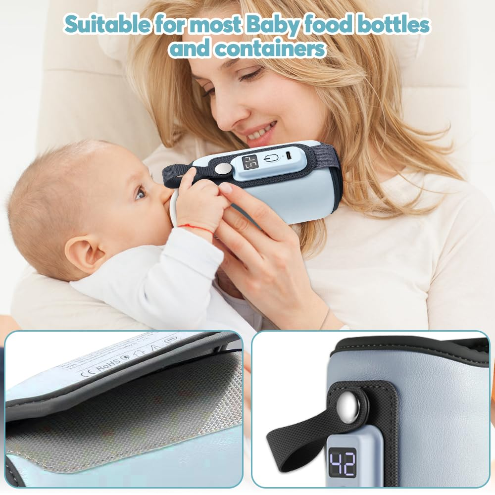 Mutter füttert Baby mit Flasche, tragbarer Erwärmer mit digitaler Anzeige.