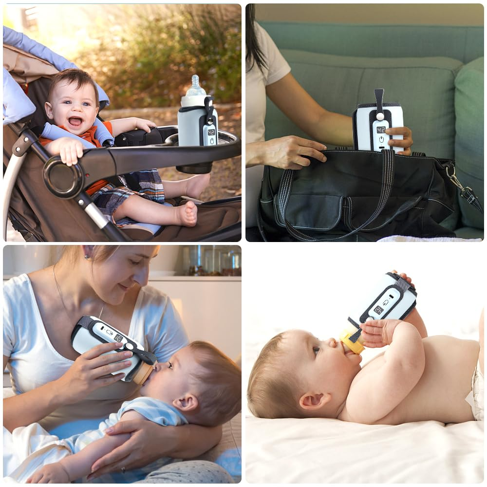 Baby im Kinderwagen, Frau packt Tasche, Mutter füttert Baby, Baby trinkt aus Flasche.