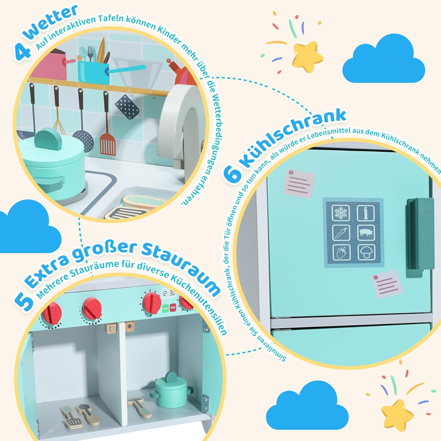 Spielküchen-Details: Wetterstation, Kühlschrank und Stauraum mit Utensilien.