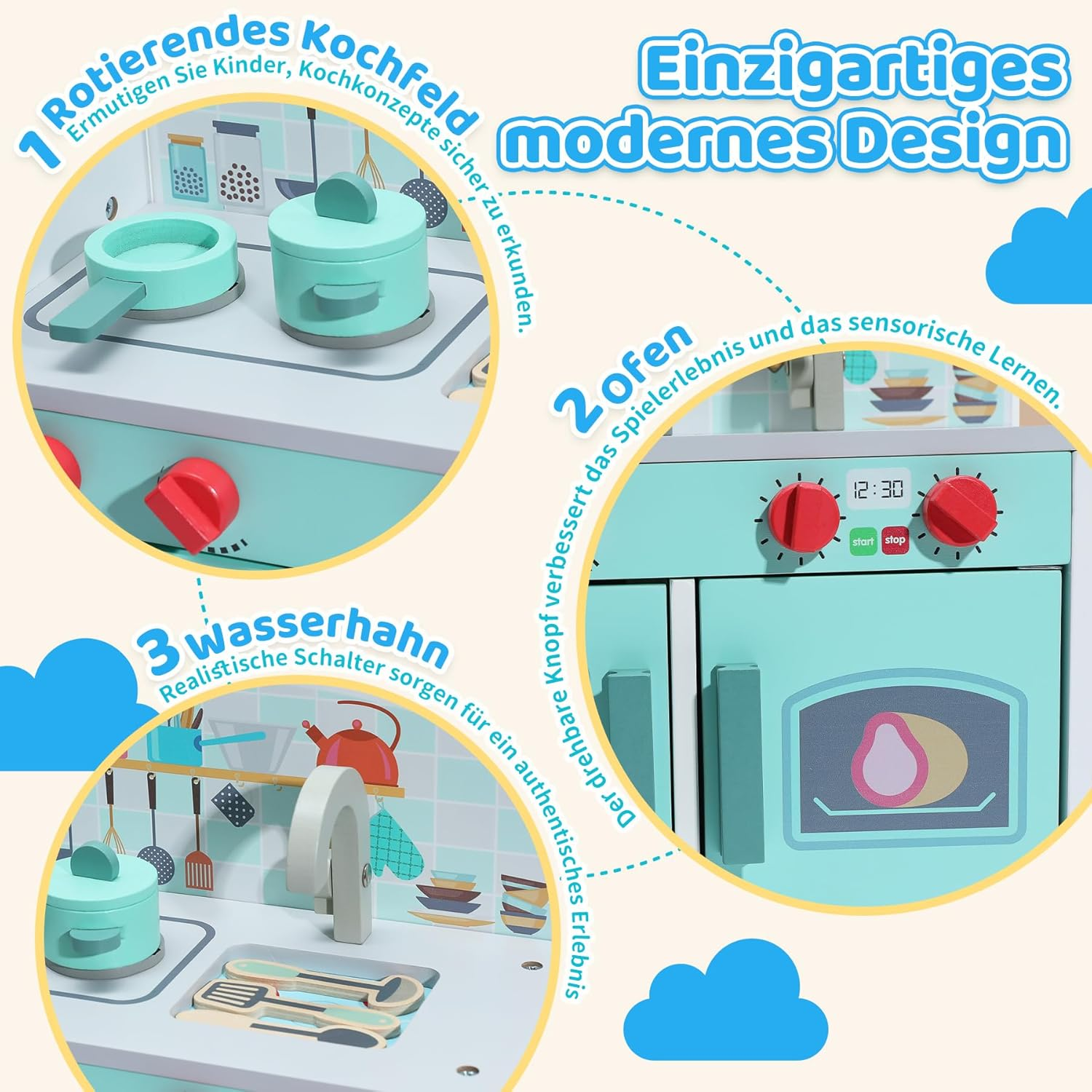 Ein türkisfarbenes Spielküchenset mit Herd, Ofen, Spüle und Zubehör.