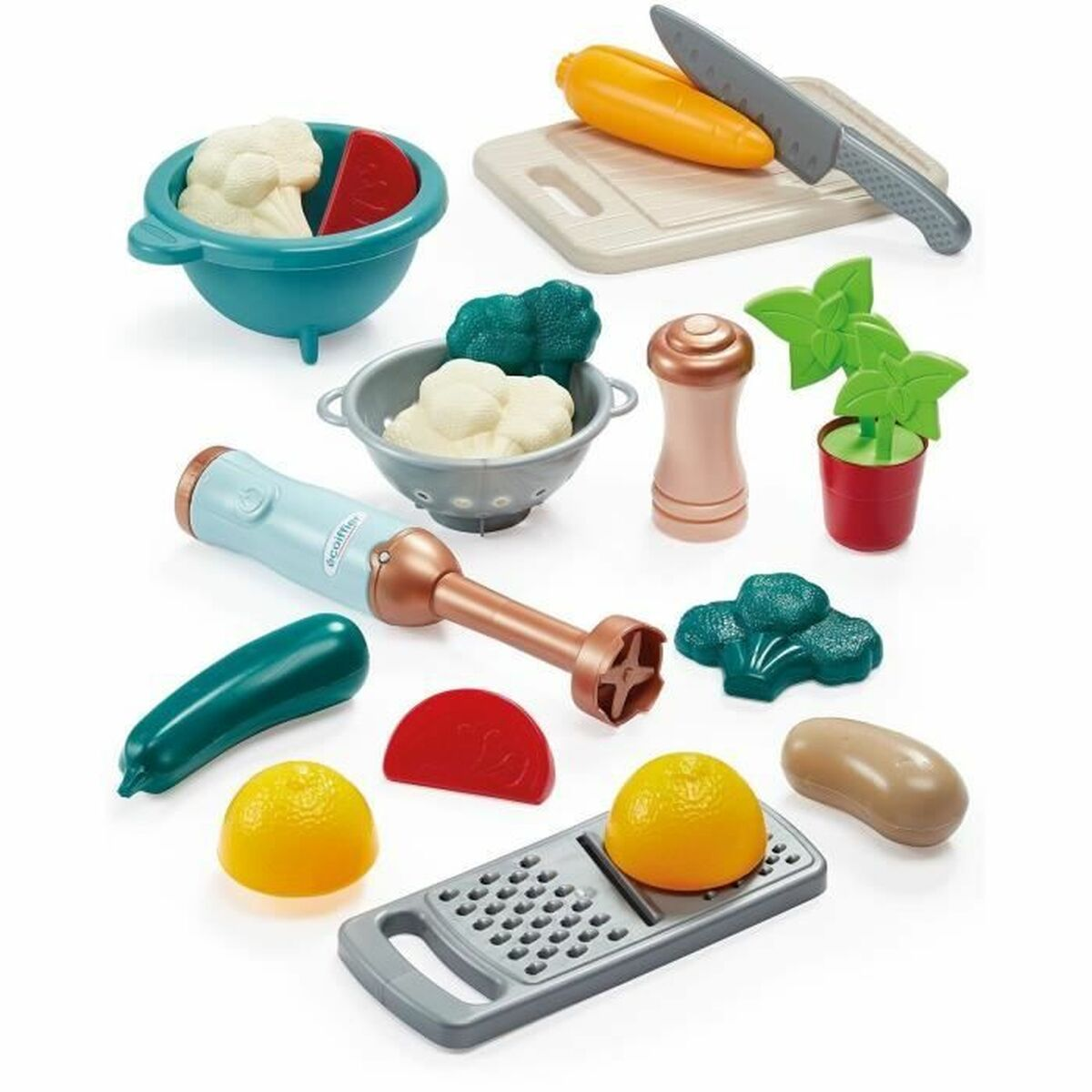 Accessori da cucina giocattolo: frullatore, verdure, grattugia, tagliere con coltello.
