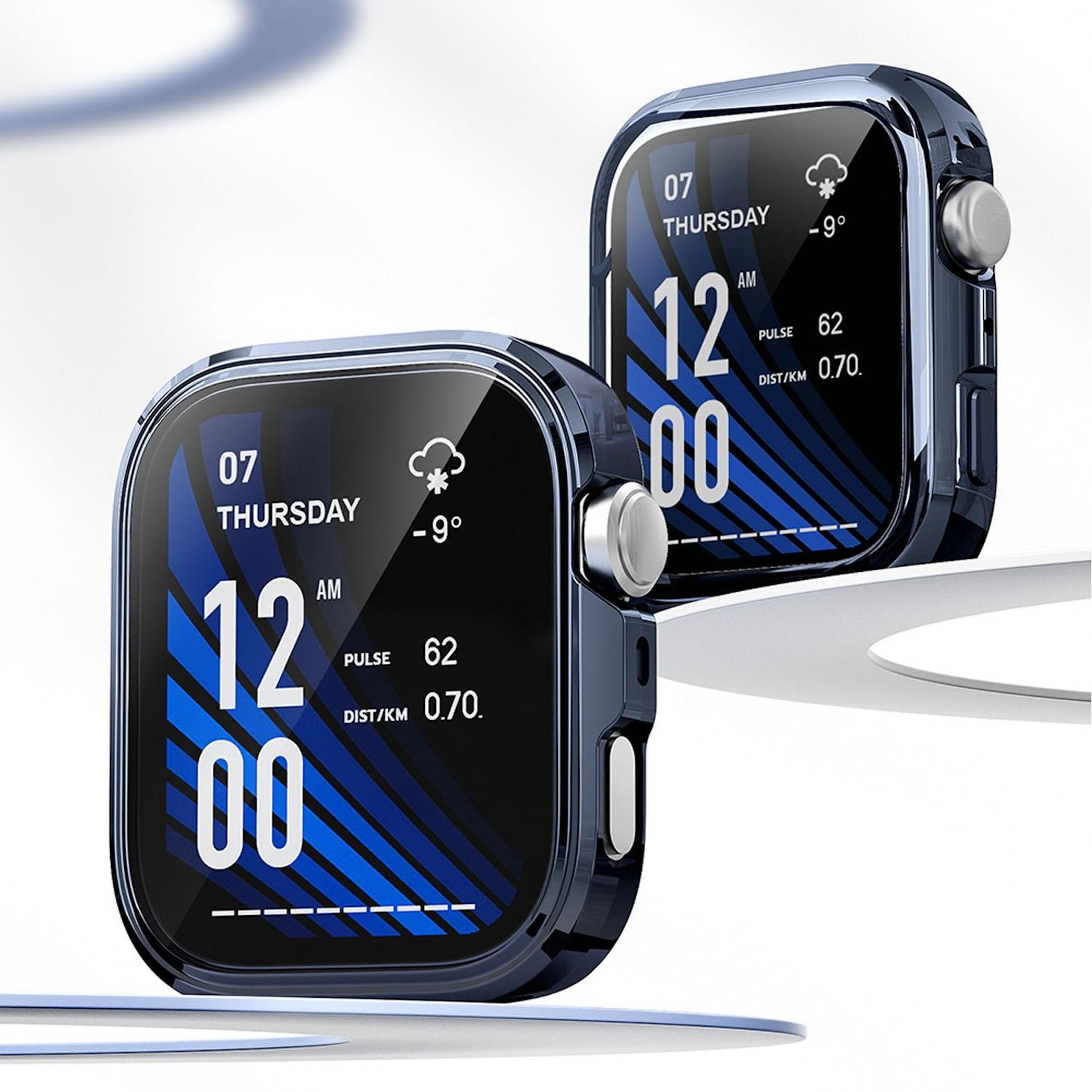 Zwei blaue Smartwatches mit digitalen Zifferblättern, die Zeit, Datum, Puls und Temperatur anzeigen.