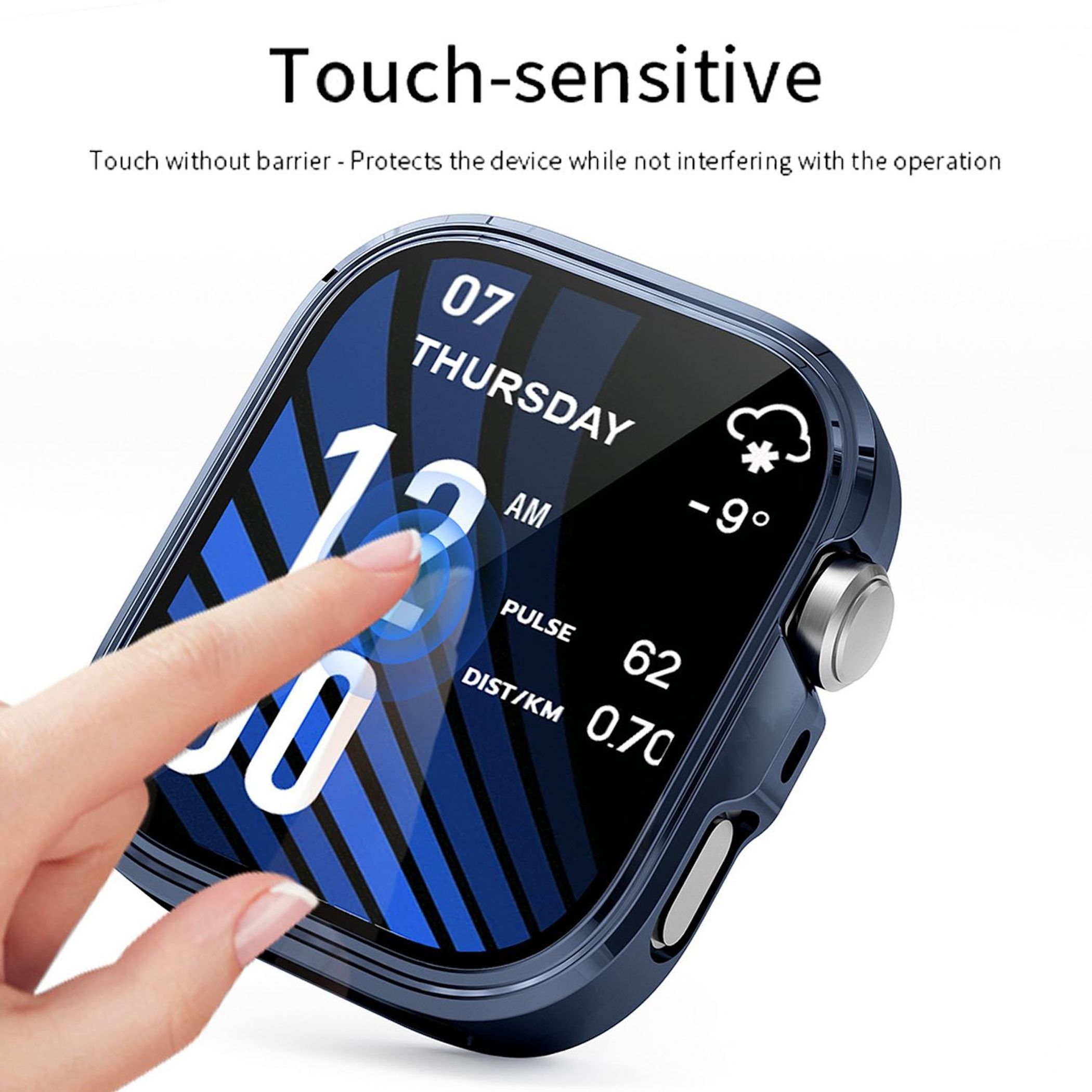 Eine Hand berührt das Display einer blauen Smartwatch mit Wetter- und Gesundheitsdaten.