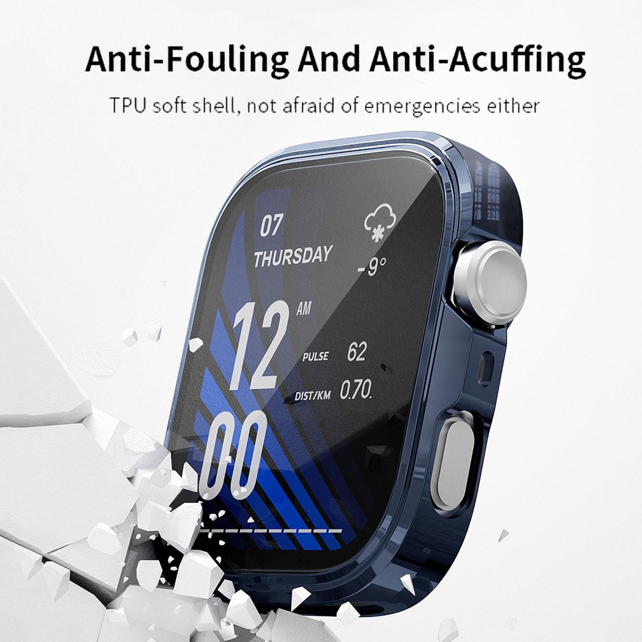 Eine blaue Smartwatch mit einem digitalen Display zeigt Zeit, Datum, Puls und Distanz.