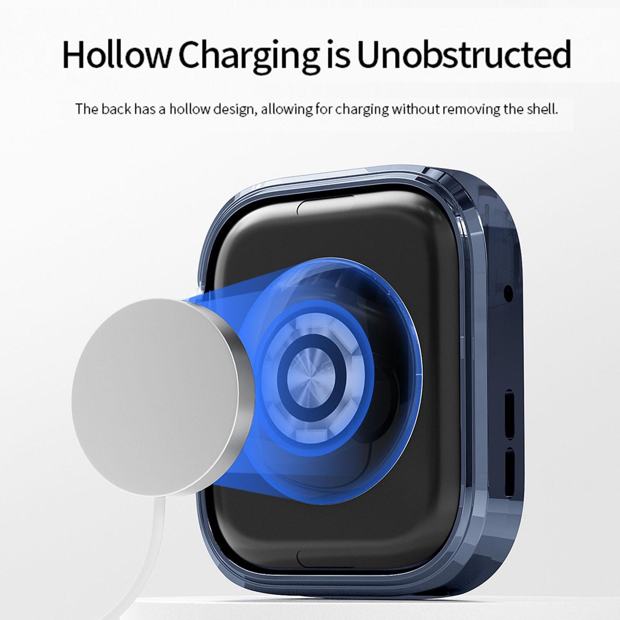 Ein graues Ladekabel ist an einem blauen Gehäuse befestigt, das ein Smartphone schützt.