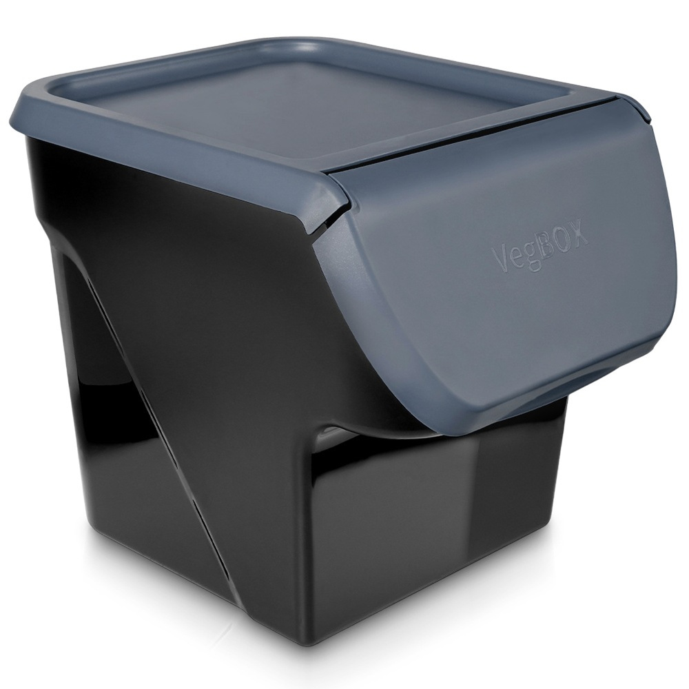 Contenitore nero con coperchio grigio etichettato VegBOX.