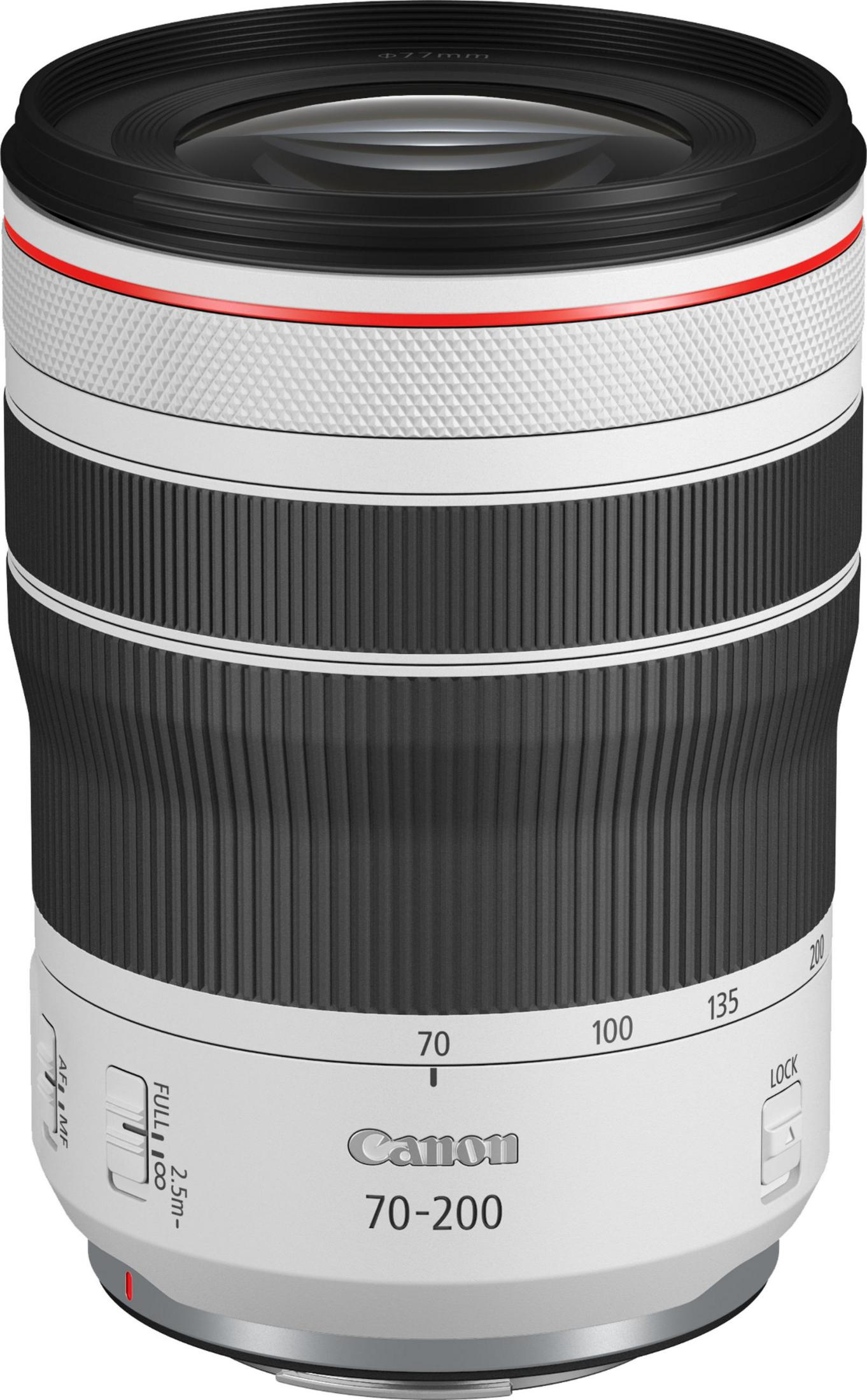 Un obiettivo Canon 70-200mm bianco con anelli neri e grigi.