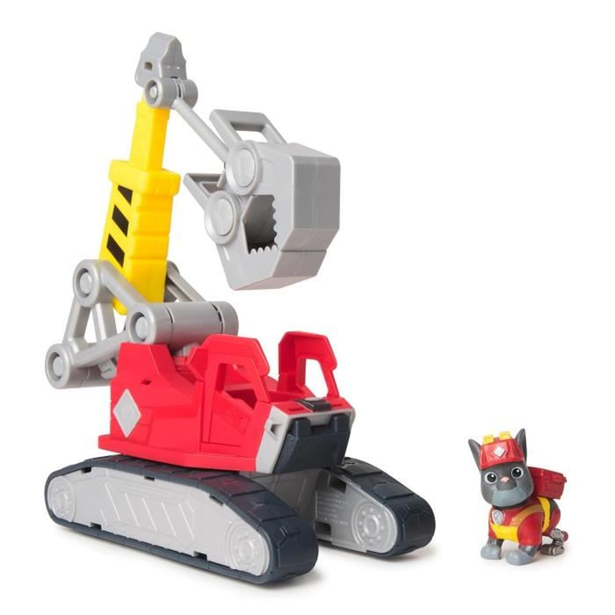 Una excavadora de juguete roja con brazo amarillo y una figura de perro.