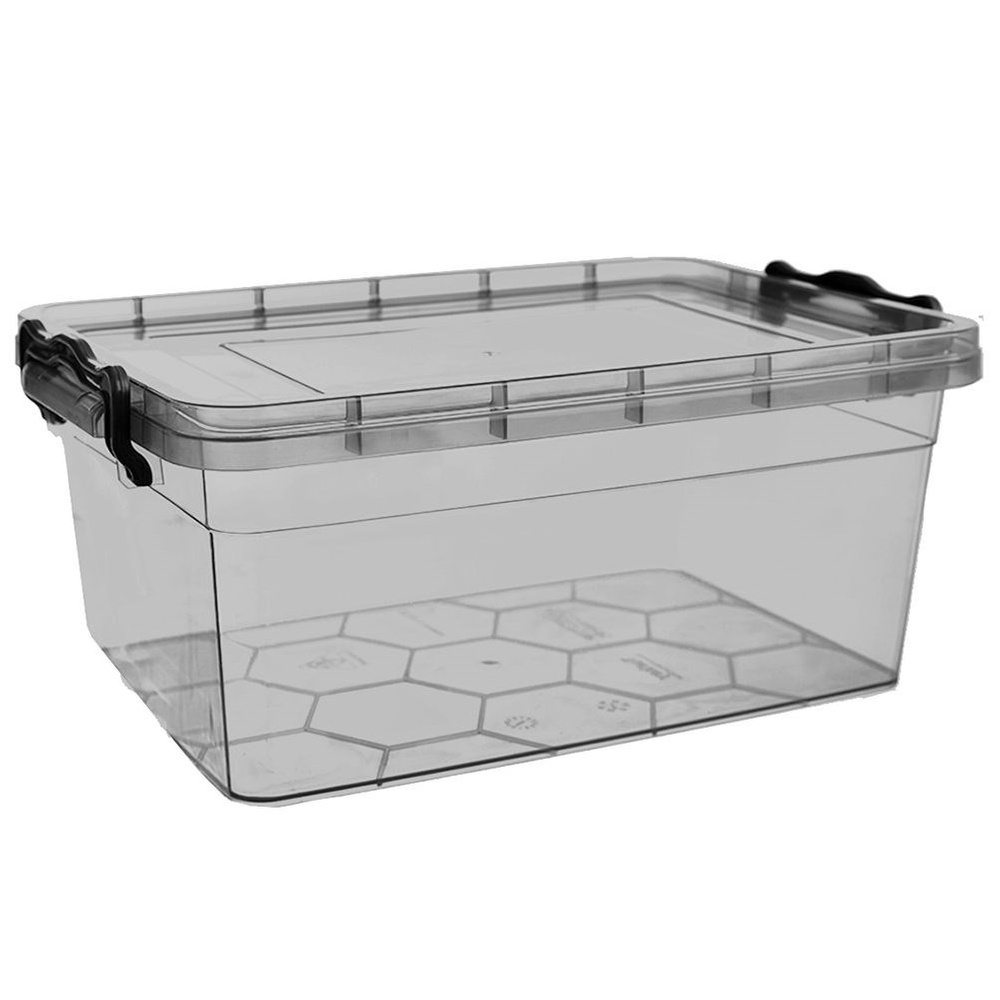 Una scatola portaoggetti in plastica trasparente con chiusure nere su sfondo bianco.