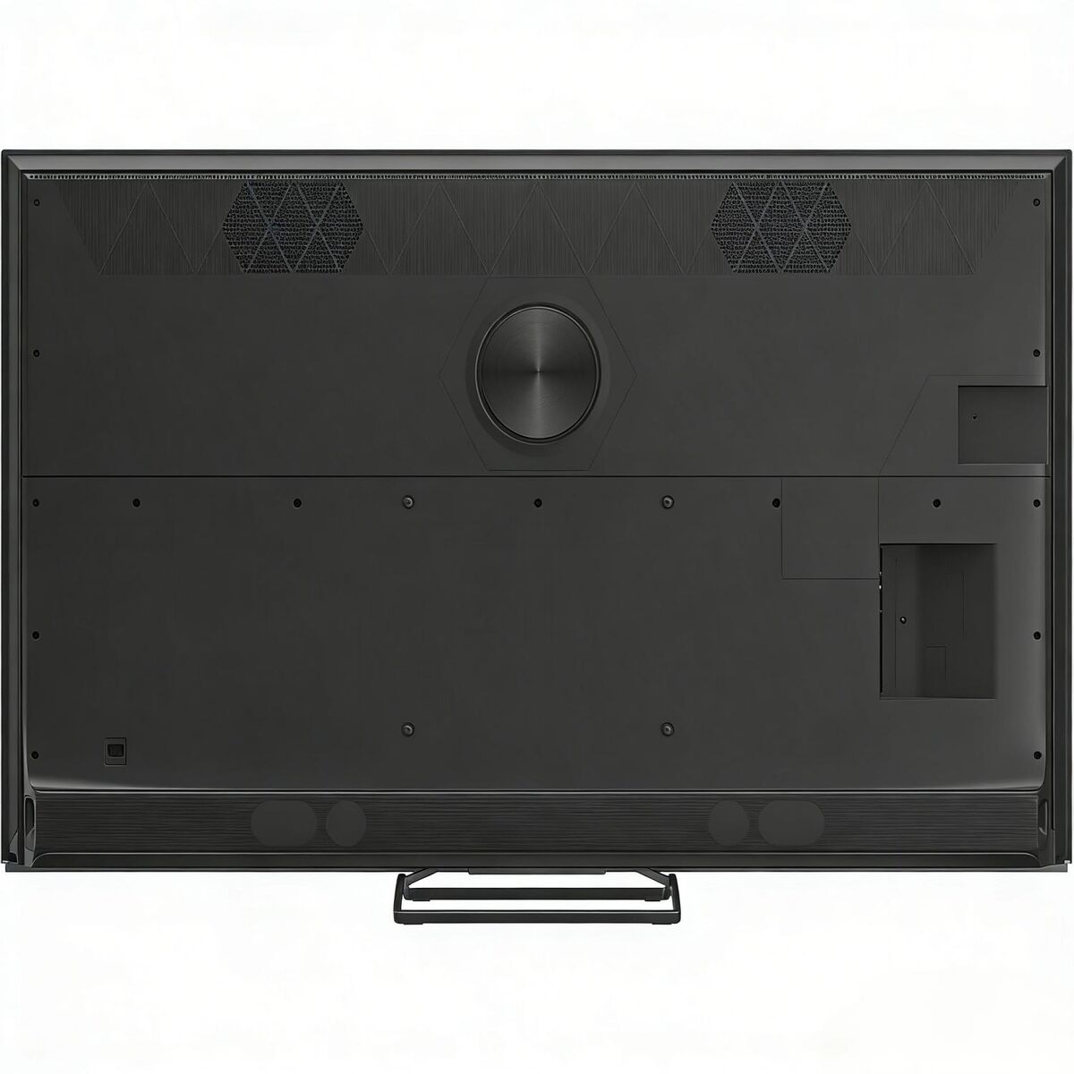 Parte trasera de un televisor negro con rejillas y puertos. Incluye un soporte.
