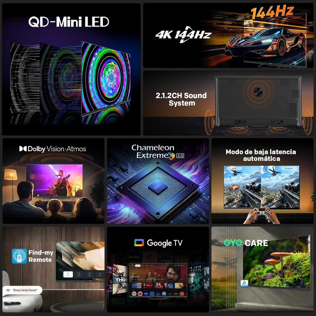 Collage de funciones de TV: QD-Mini LED, 4K 144Hz, sonido, Dolby Vision, Chameleon Extreme, juegos, Google TV, mando.