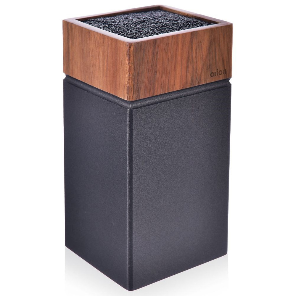Un ceppo portacoltelli nero con finitura in legno e inserto nero.