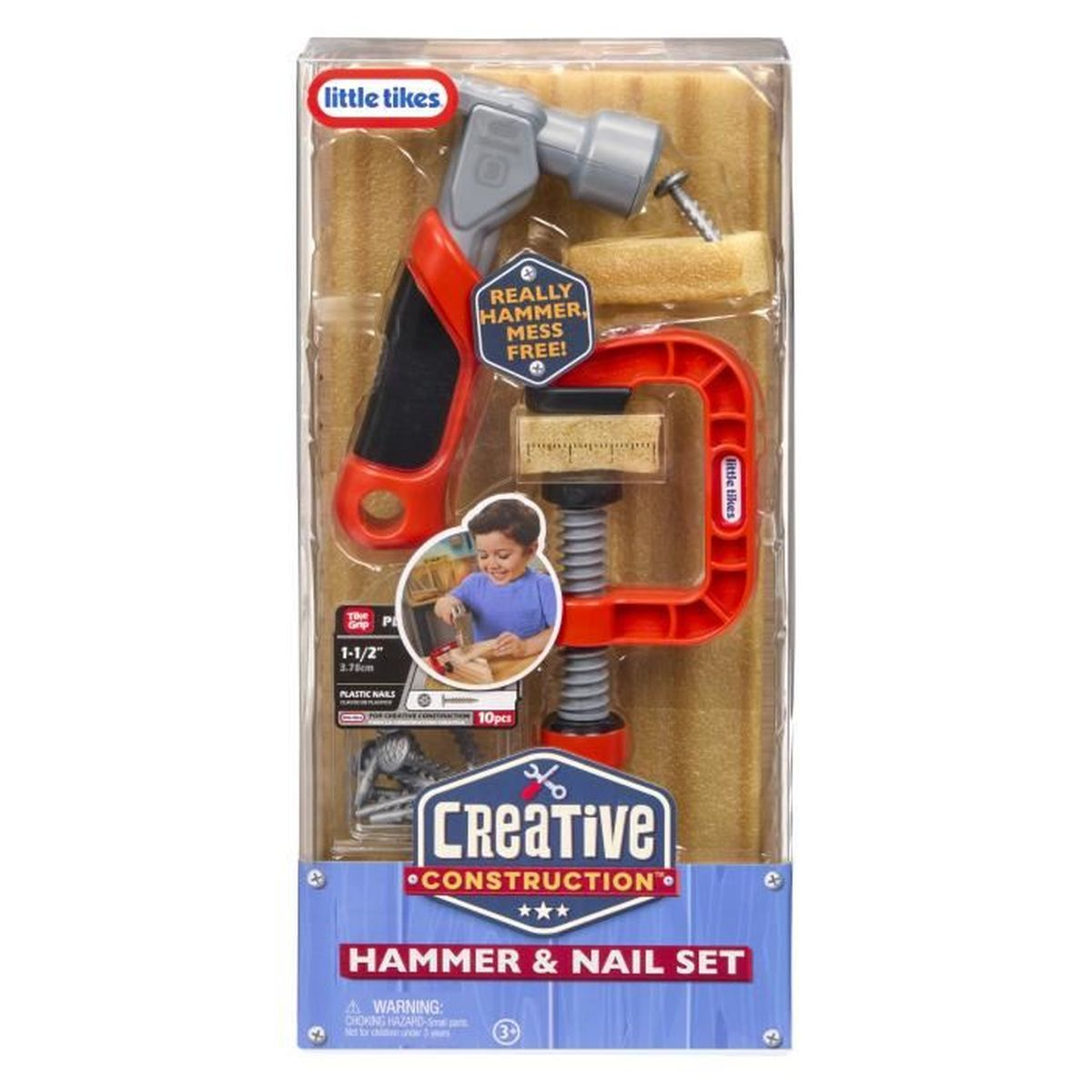 Verpackung eines Little Tikes Hammer- und Nagelsets mit Werkzeugen und Kleinteilen.