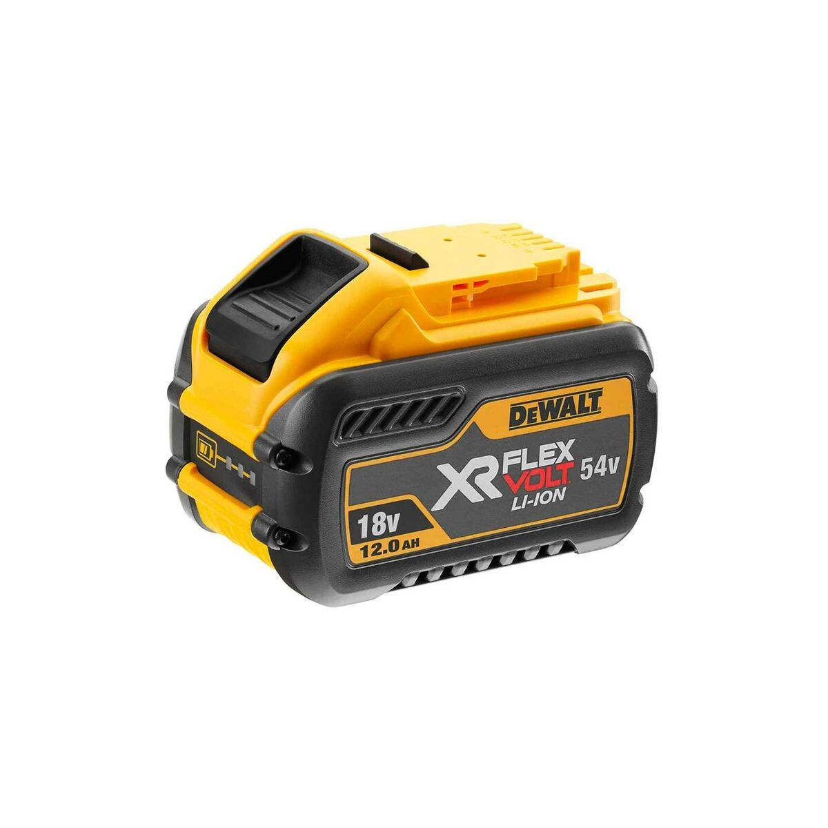 Ein gelber und schwarzer DeWalt Flex Volt 54V 18V 12.0Ah Li-Ion Akku.