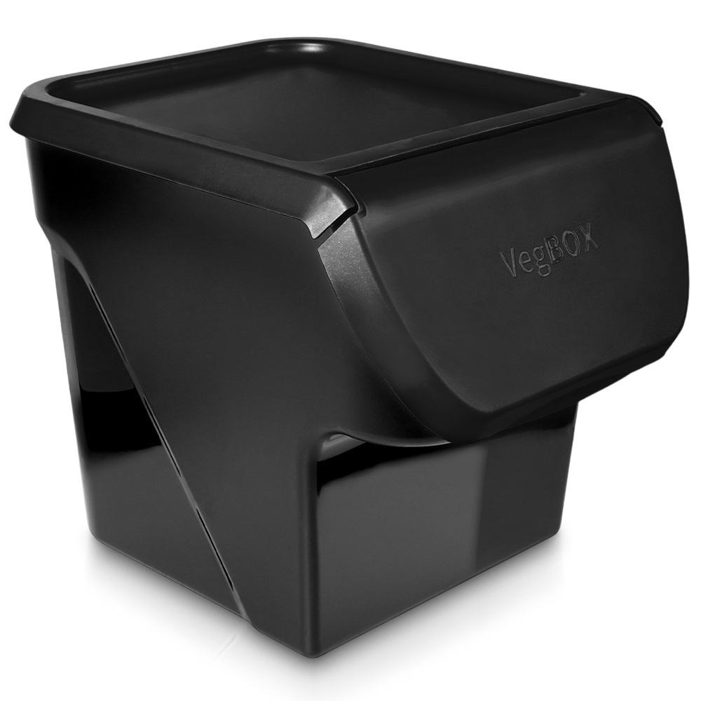 Un contenitore nero VegBOX con coperchio, su sfondo bianco.