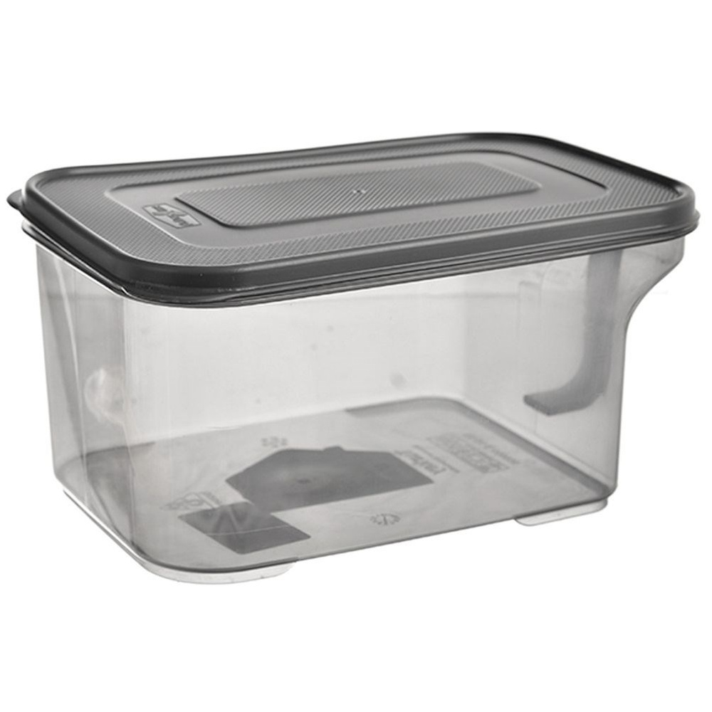 Un contenitore rettangolare in plastica trasparente con coperchio grigio scuro.