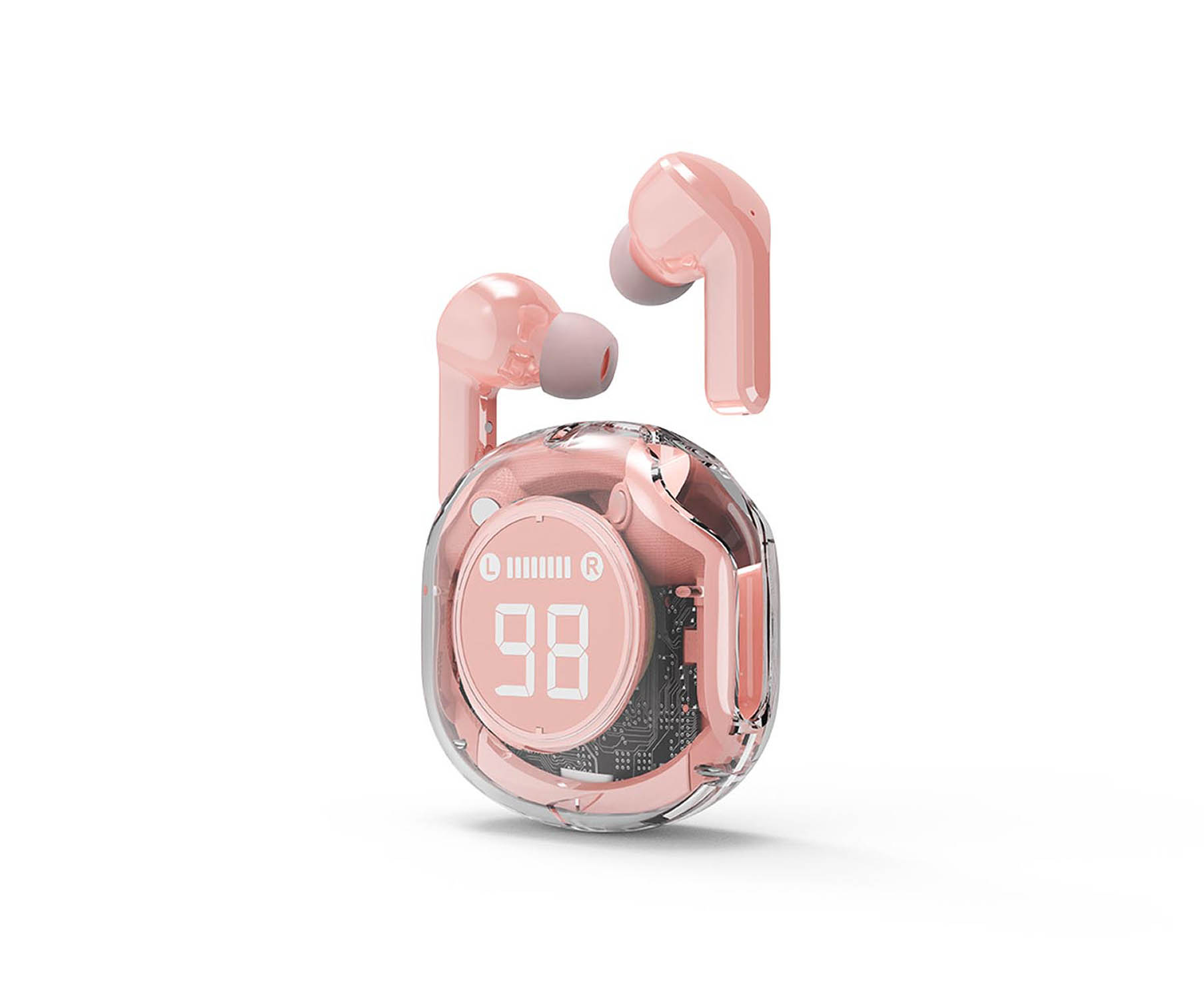 Roze draadloze oordopjes met transparante case die batterijniveau 98 toont.