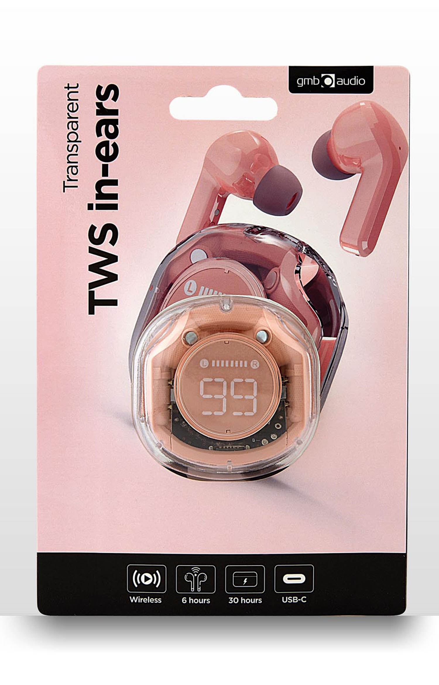 Verpakking van roségouden TWS-oordopjes met oplaadcase en digitaal display.