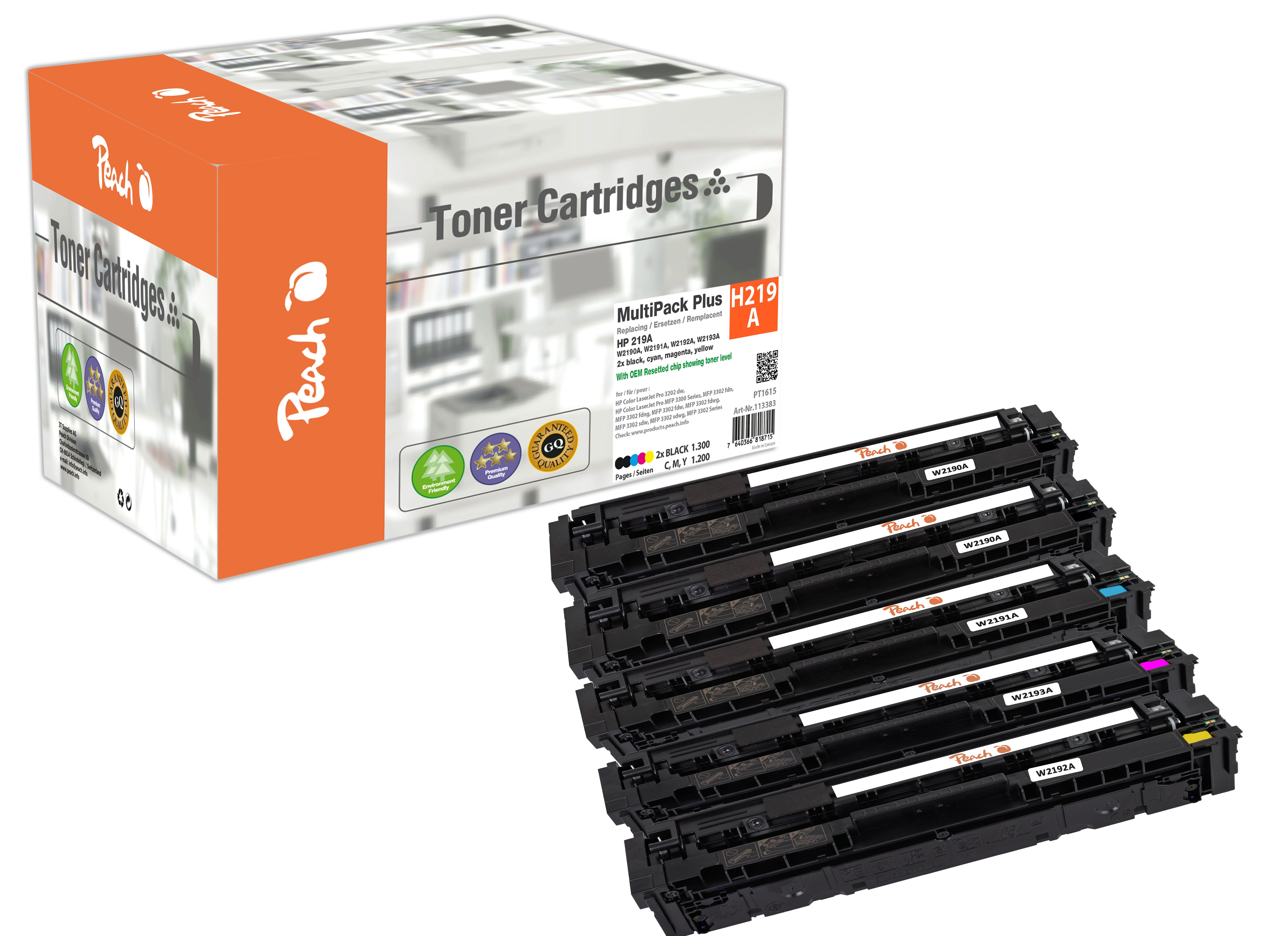 Peach Toner Multipack mit HP 219A Kartuschen für verschiedene Drucker.