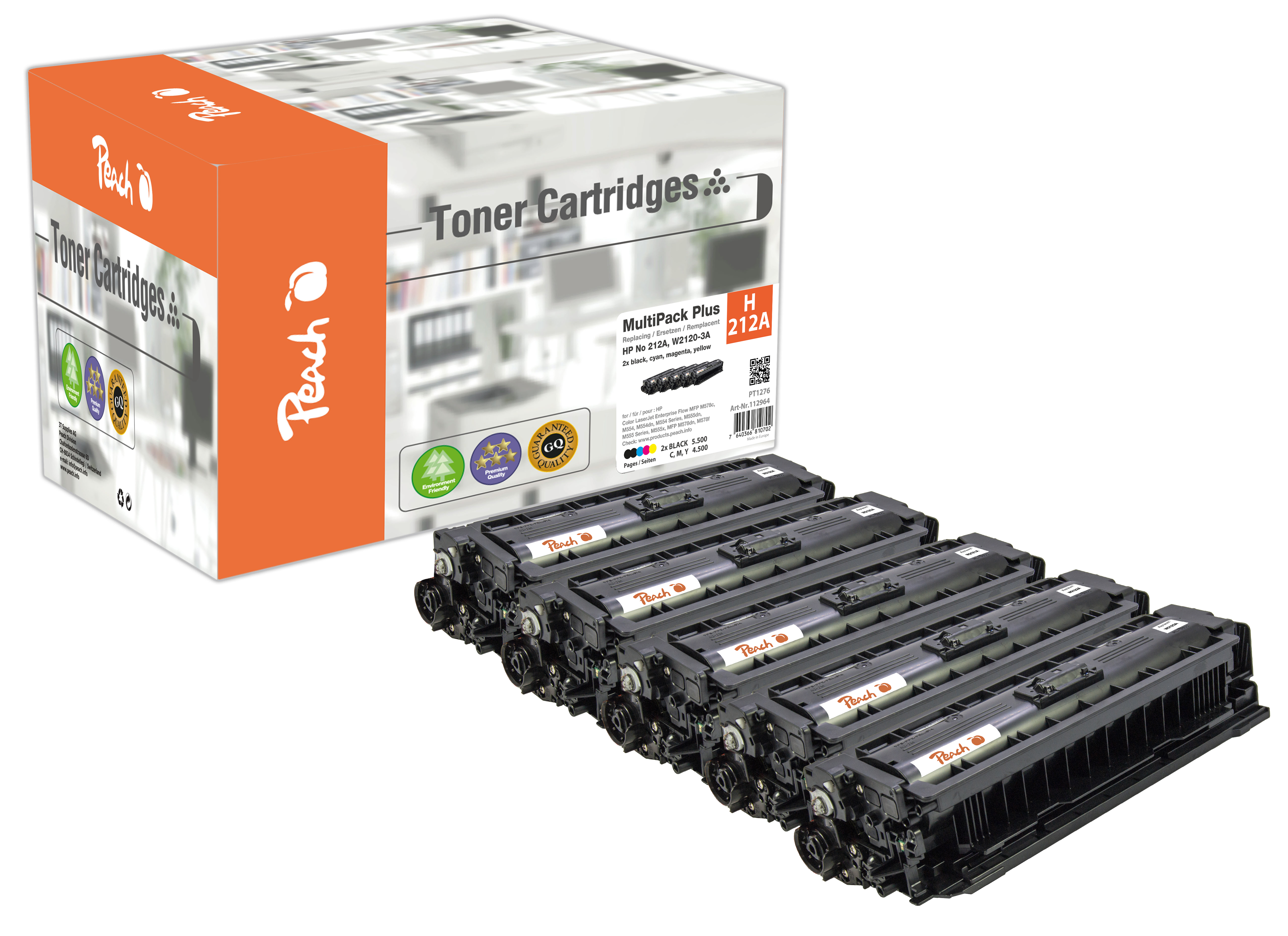 Peach Toner-Multipack mit 4 Patronen, HP 212A, für Drucker.