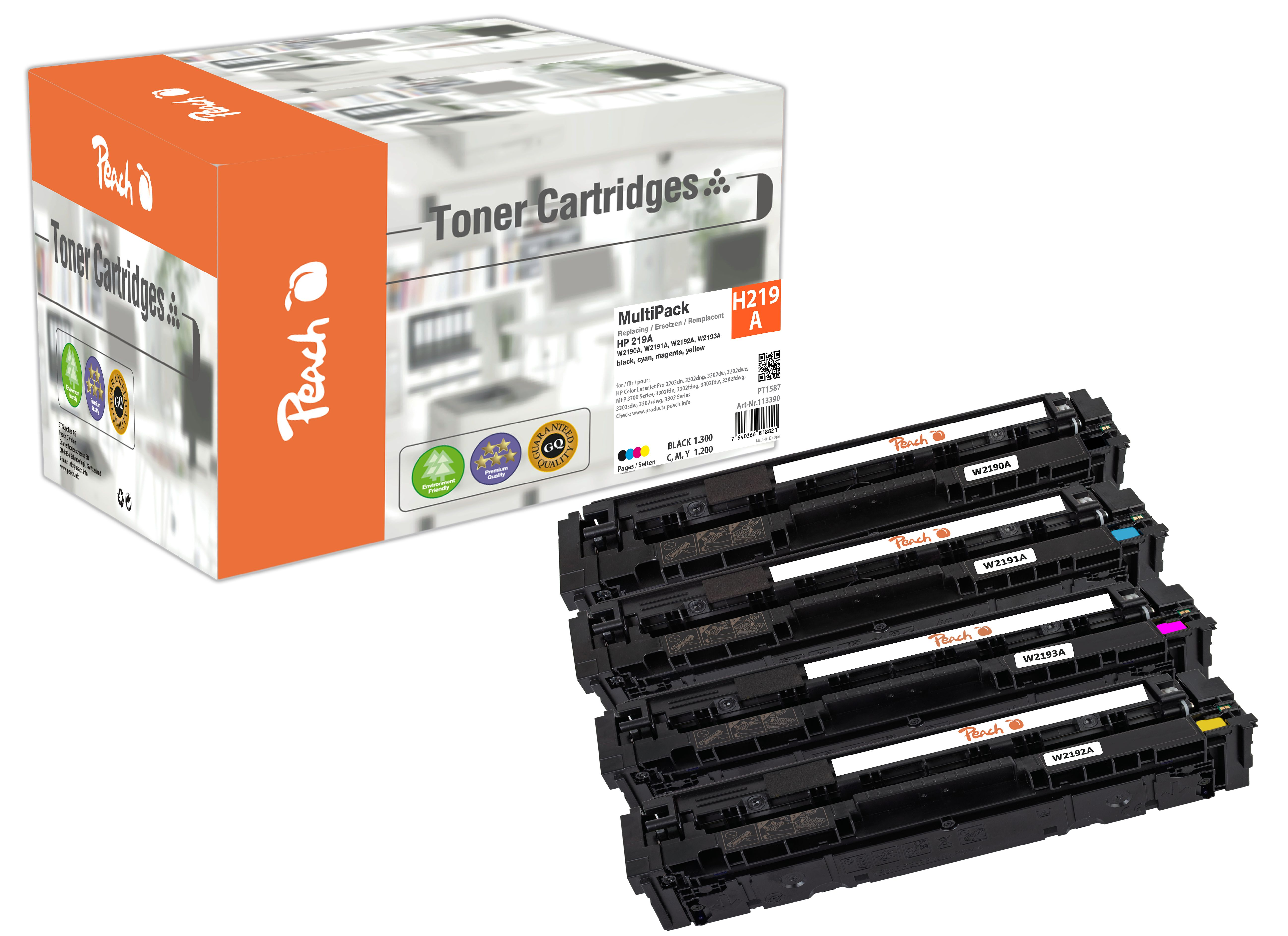 Ein Multipack Peach Toner HP 219A mit vier Patronen in Schwarz, Cyan, Magenta, Gelb.