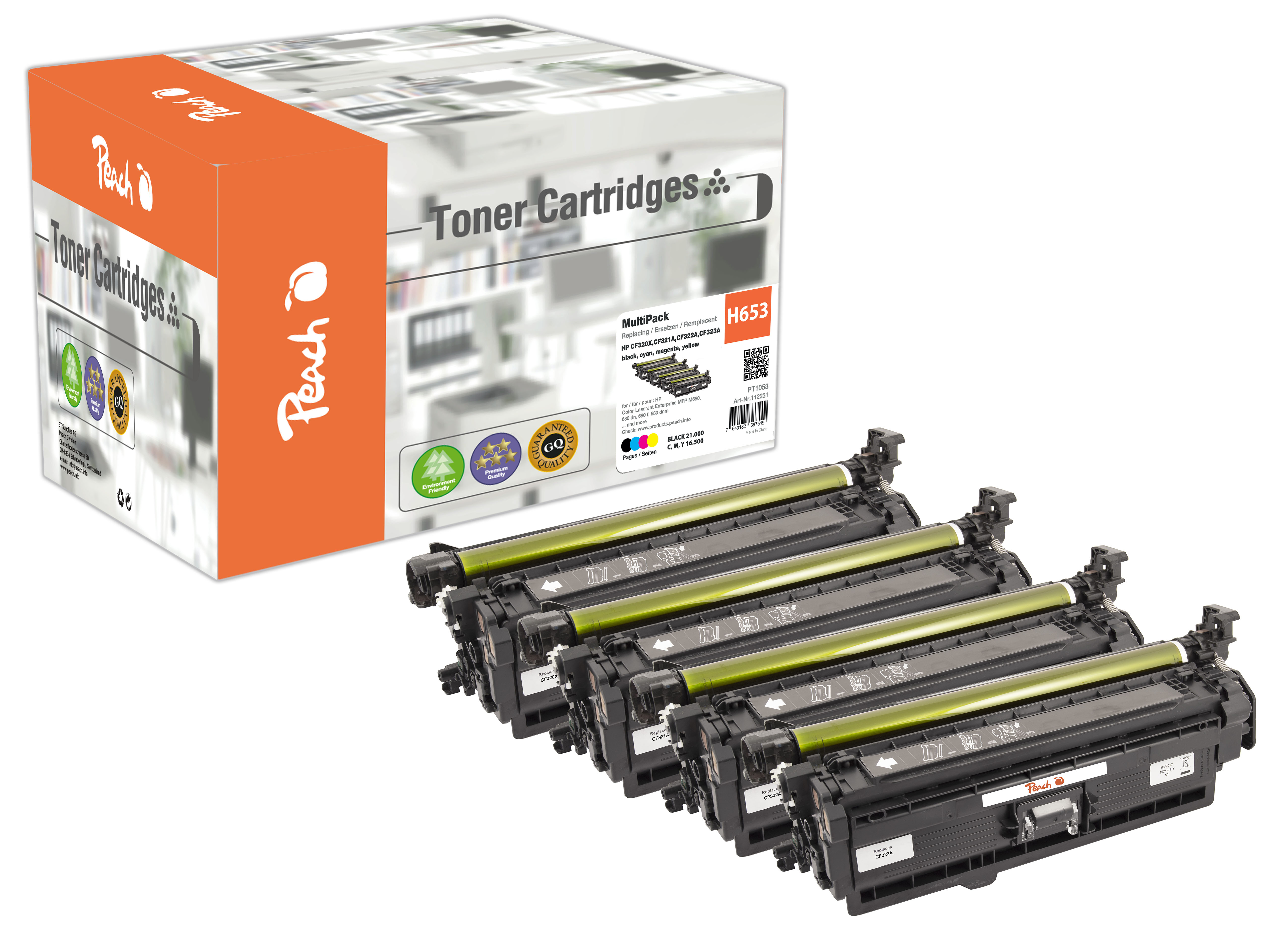 Mehrpackung Peach Toner-Patronen für HP Drucker, schwarz, cyan, magenta, gelb.