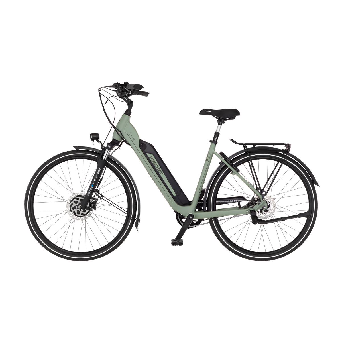 Ein hellgrünes E-Bike mit schwarzem Sattel, Gepäckträger und breiten Reifen.