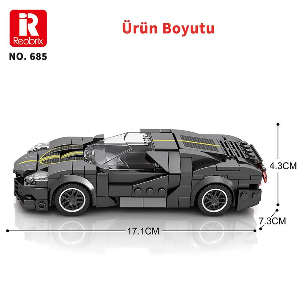Sarı çizgili siyah model araba, boyutları 17,1x7,3x4,3cm.