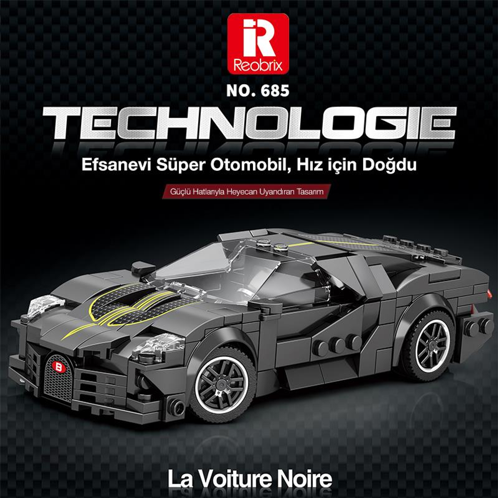 Sarı şeritli siyah LEGO spor araba, model numarası 685.