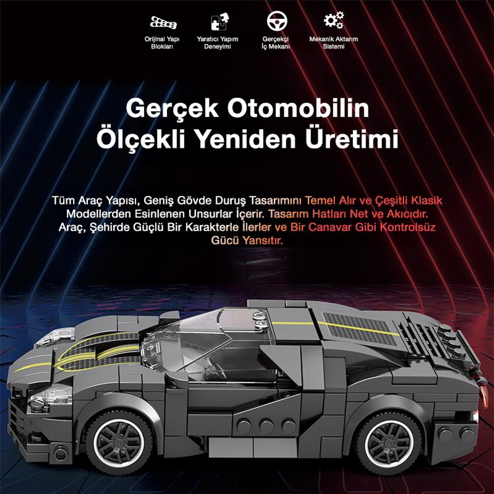 Koyu arka plan üzerinde sarı şeritli gri Lego araba.