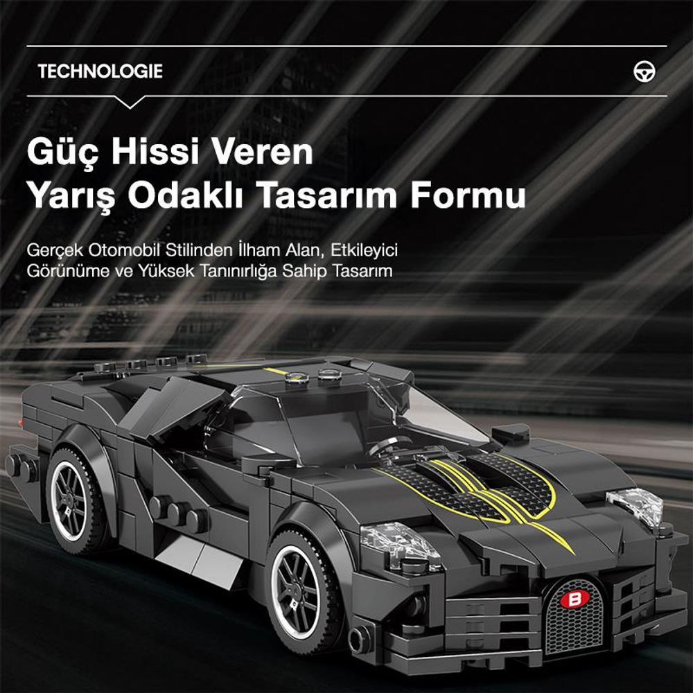 Koyu renkli bir yüzey üzerinde duran sarı vurgulu siyah Lego spor otomobil modeli.