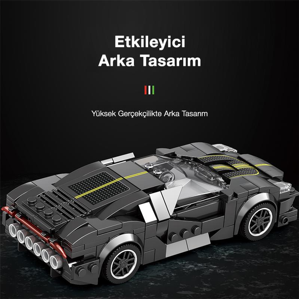 Sarı çizgili ve şeffaf tavanlı siyah bir Lego spor araba modeli.