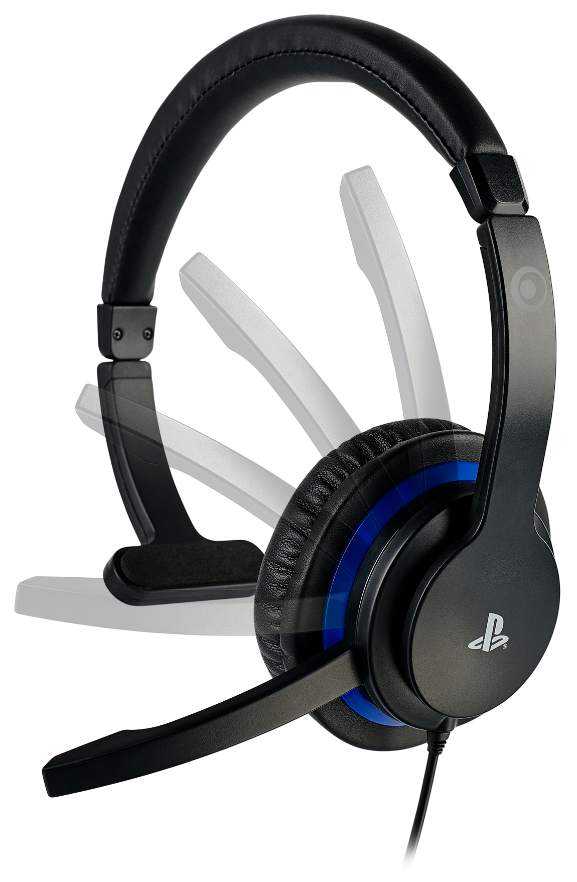 Schwarzer Kopfhörer mit Mikrofon und blauen Akzenten, PlayStation-Logo.