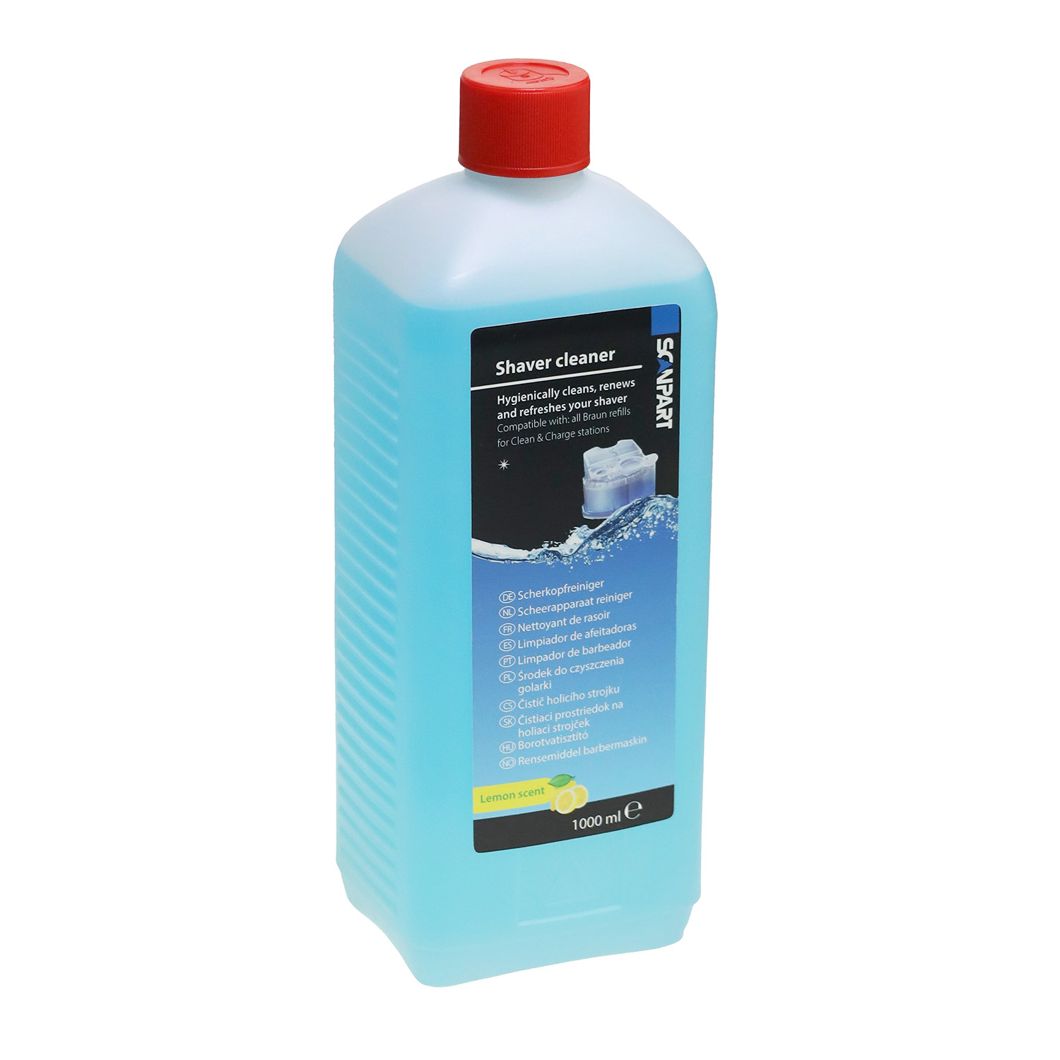 Eine Flasche blauer Rasierer-Reiniger mit rotem Deckel und Zitronenduft.