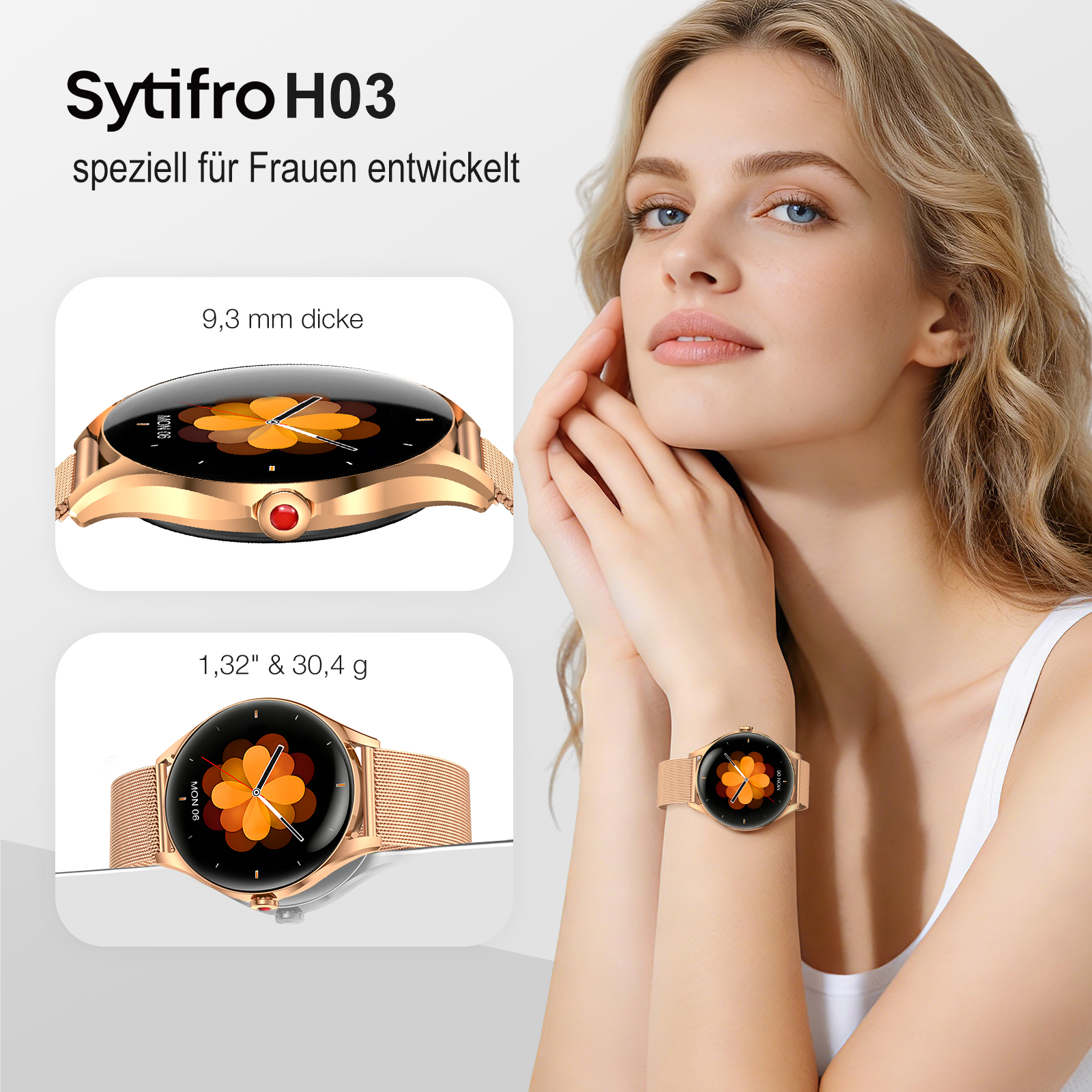 Goldene Smartwatch am Handgelenk einer Frau, mit Nahaufnahmen.