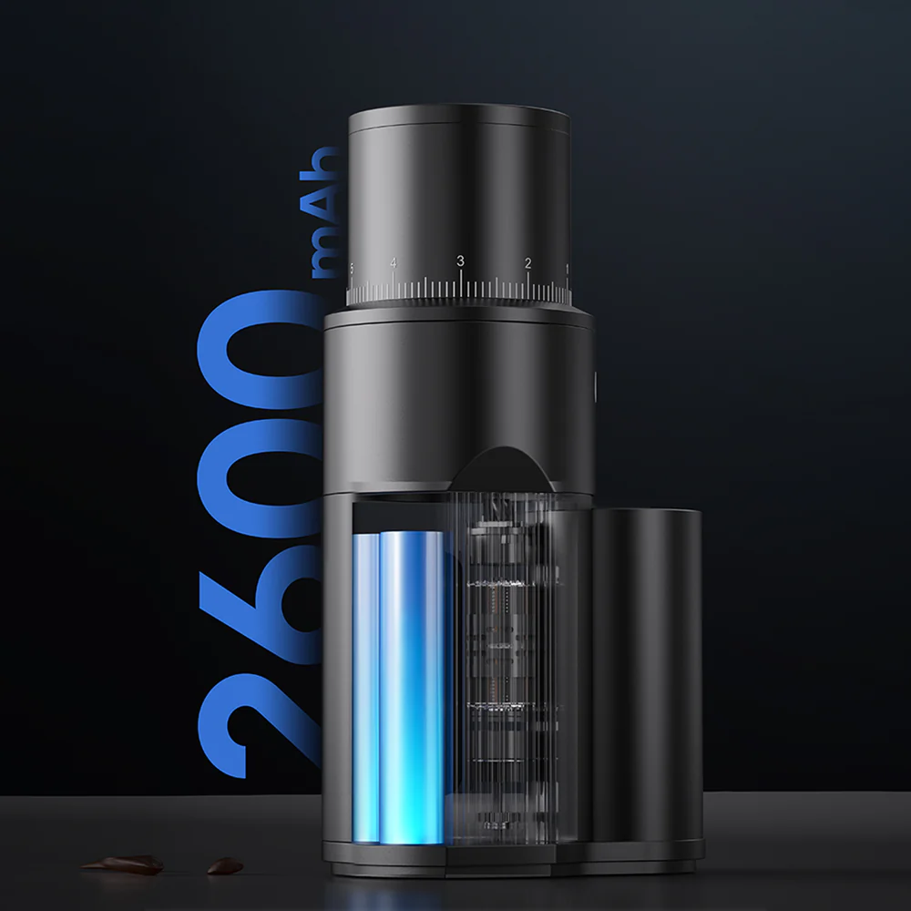 Molinillo de café negro con batería de 2600mAh, iluminado internamente.