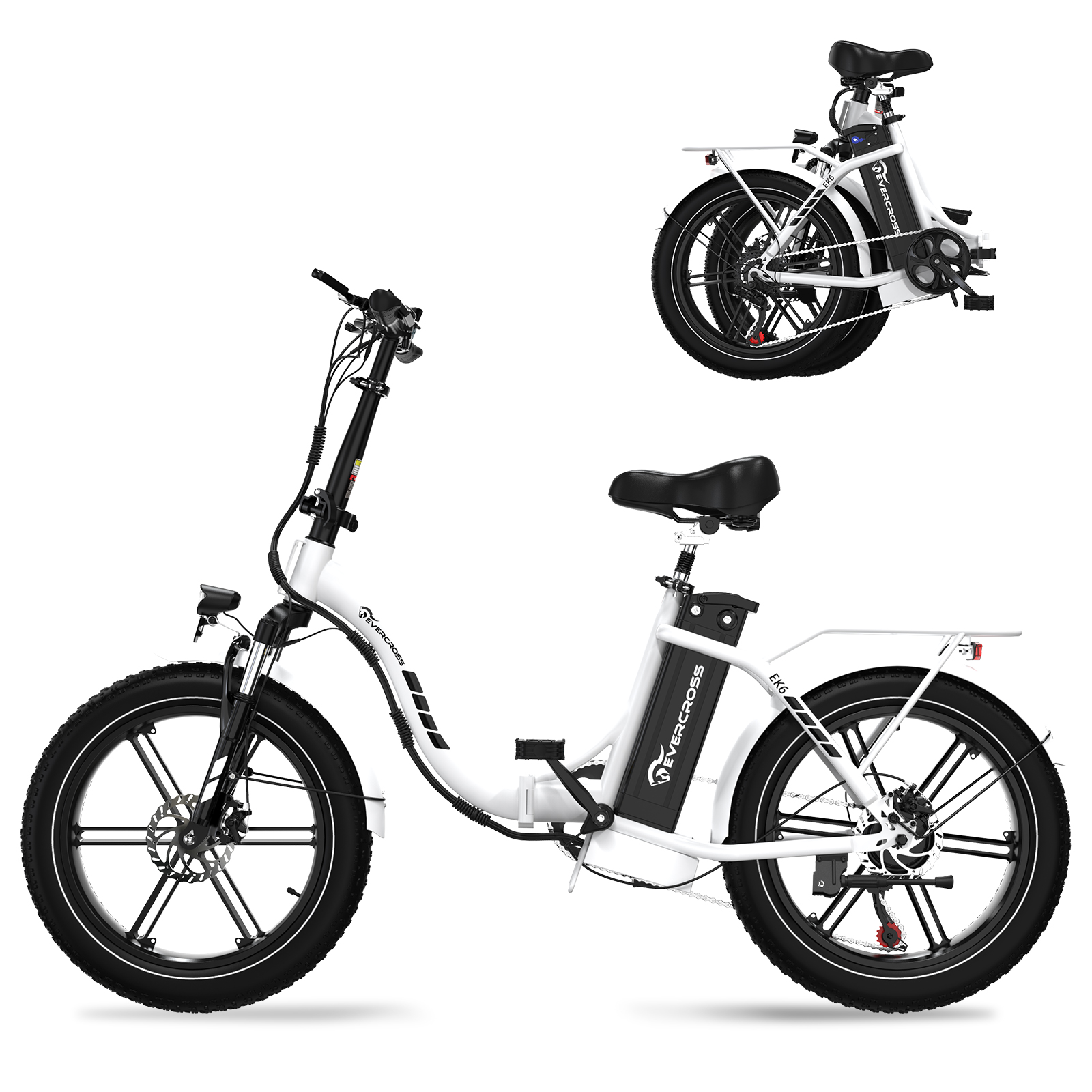 Witte elektrische fiets met dikke banden, zwart zadel en bagagedrager.