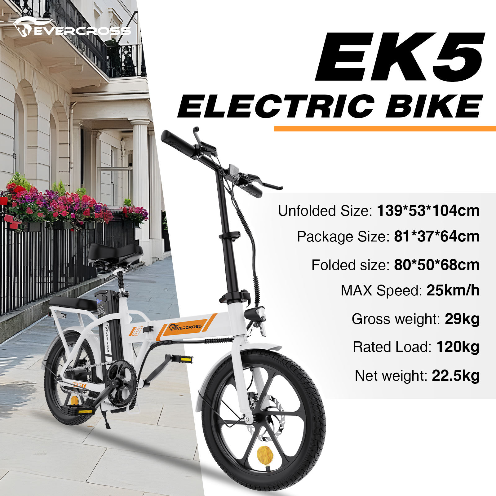 Een witte vouwbare elektrische fiets met oranje accenten staat voor een gebouw.